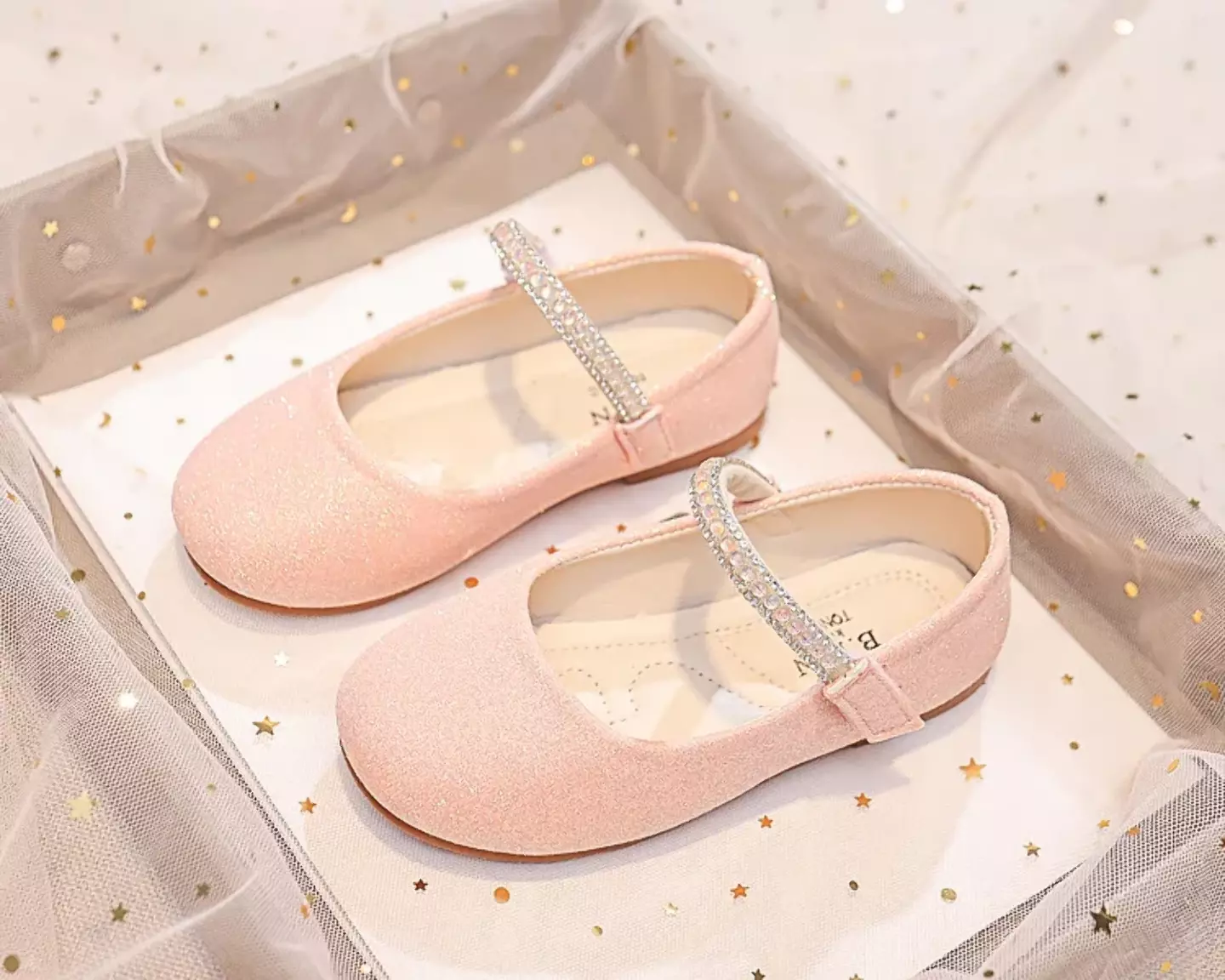 Young Girls & Girls Peach Pink Gem Border Glitter Instep Strap Dress Shoes | Lucys 12333