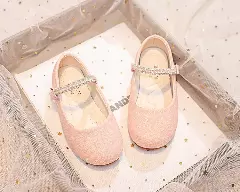 Young Girls & Girls Peach Pink Gem Border Glitter Instep Strap Dress Shoes | Lucys 12333