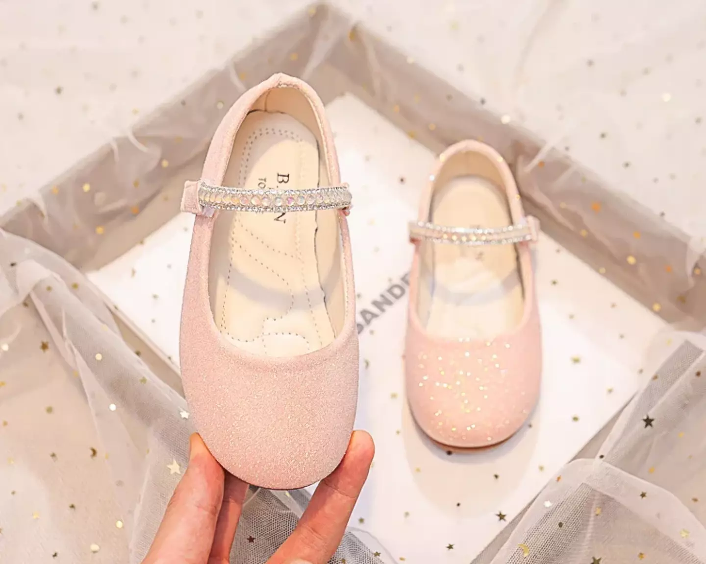 Young Girls & Girls Peach Pink Gem Border Glitter Instep Strap Dress Shoes | Lucys 12333