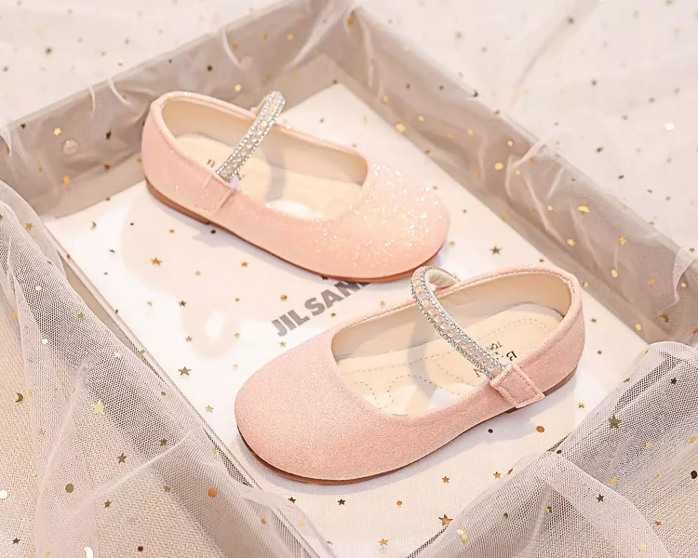 Young Girls & Girls Peach Pink Gem Border Glitter Instep Strap Dress Shoes | Lucys 12333