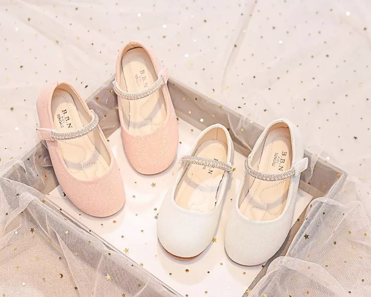 Young Girls & Girls Ivory Gem Border Glitter Instep Strap Dress Shoes | Lucys 12332