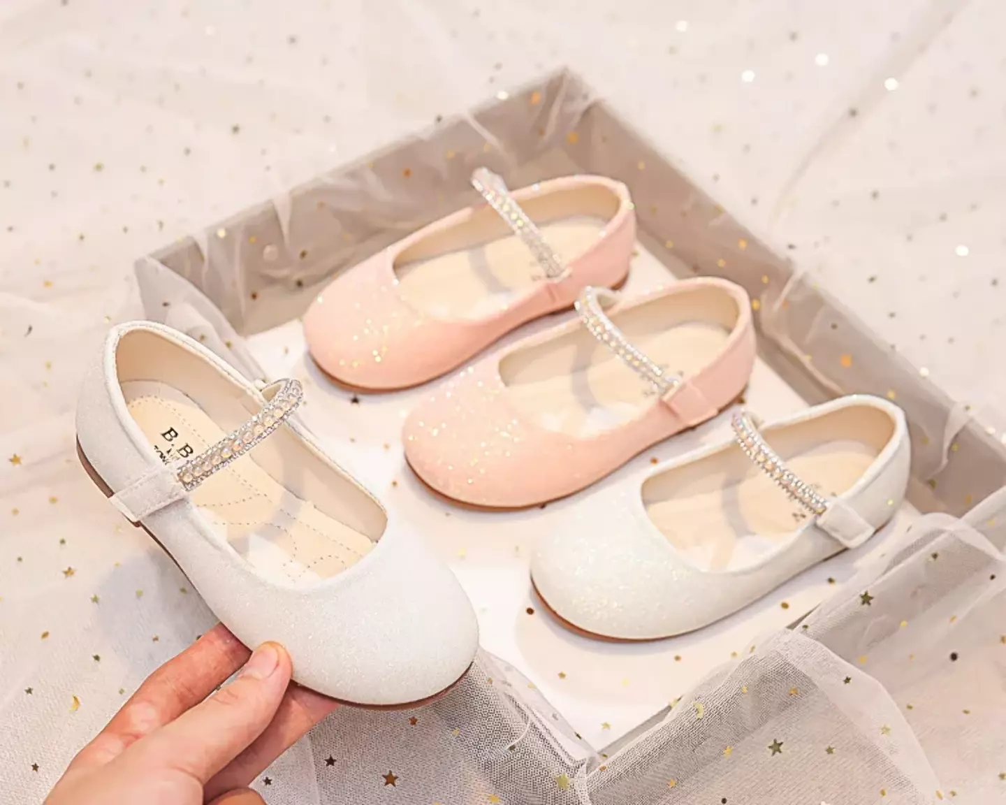 Young Girls & Girls Ivory Gem Border Glitter Instep Strap Dress Shoes | Lucys 12332