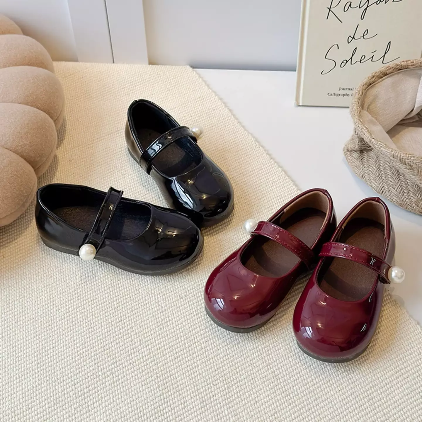 Young Girls & Girls Maroon Stitched Pearl Strap Glossy Dress Shoes | Lucys 12340