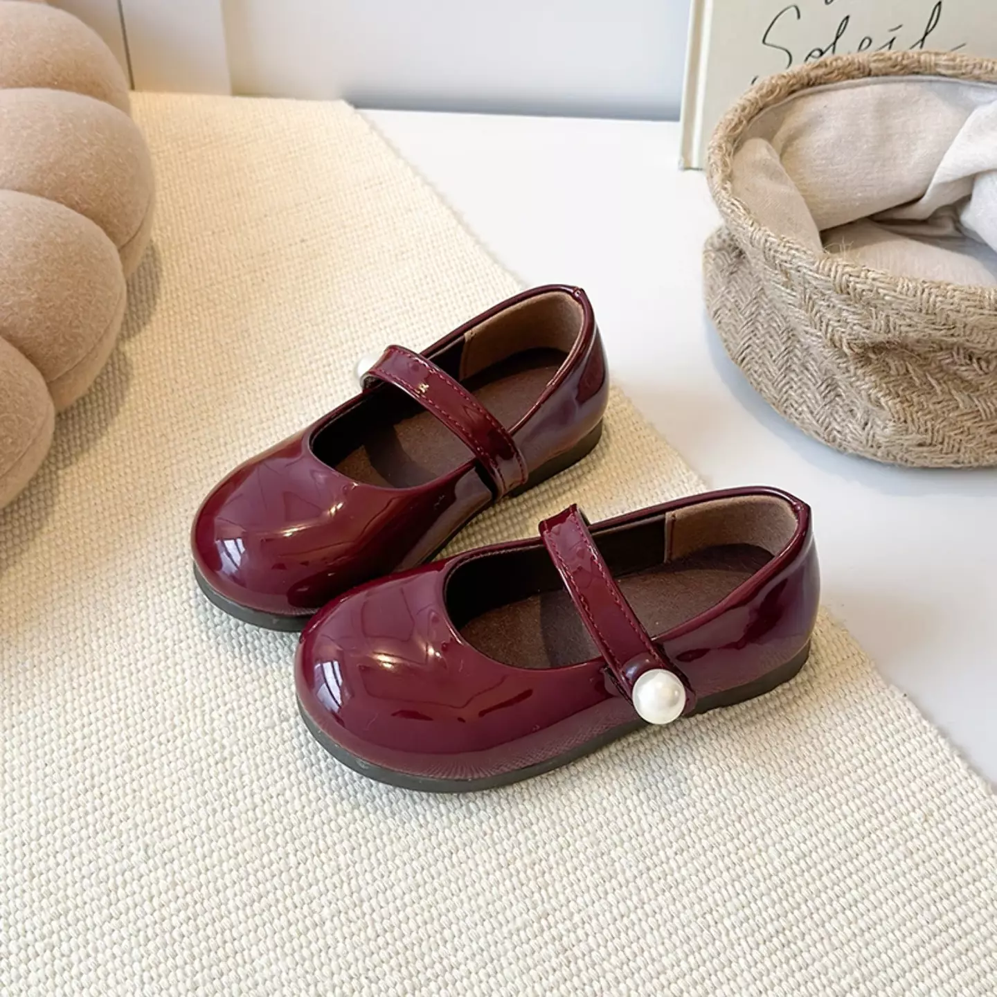 Young Girls & Girls Maroon Stitched Pearl Strap Glossy Dress Shoes | Lucys 12340