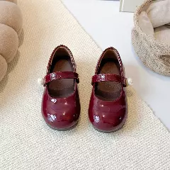 Young Girls & Girls Maroon Stitched Pearl Strap Glossy Dress Shoes | Lucys 12340
