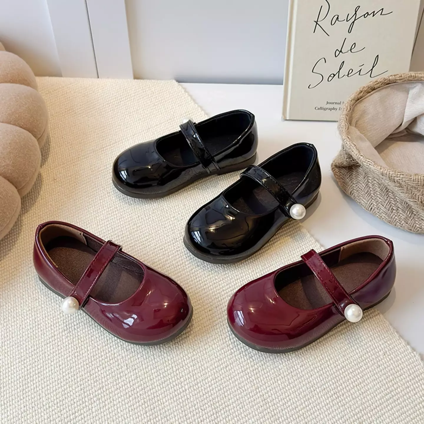 Young Girls & Girls Maroon Stitched Pearl Strap Glossy Dress Shoes | Lucys 12340