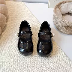 Young Girls & Girls Black Stitched Pearl Strap Glossy Dress Shoes | Lucys 12341