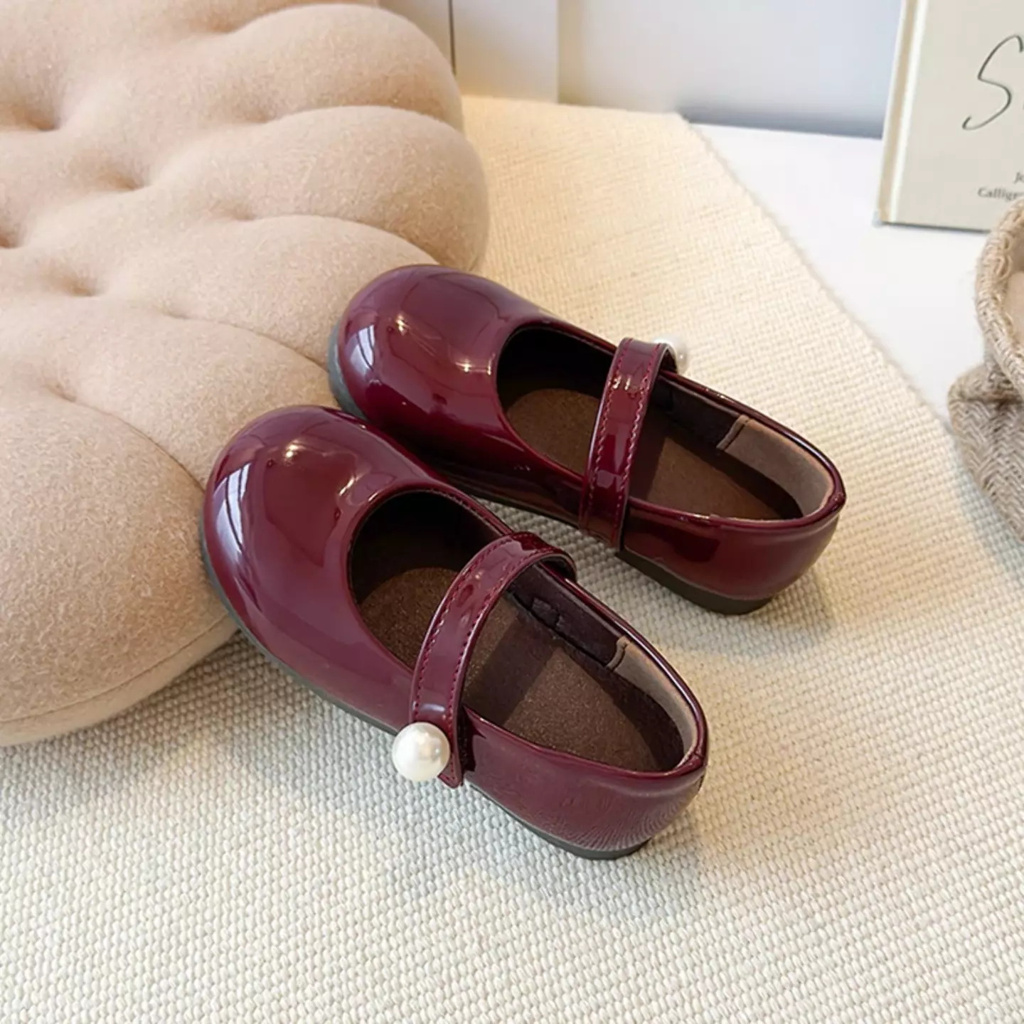 Young Girls & Girls Maroon Stitched Pearl Strap Glossy Dress Shoes | Lucys 12340
