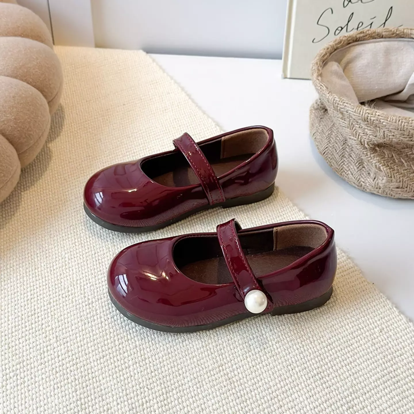 Young Girls & Girls Maroon Stitched Pearl Strap Glossy Dress Shoes | Lucys 12340