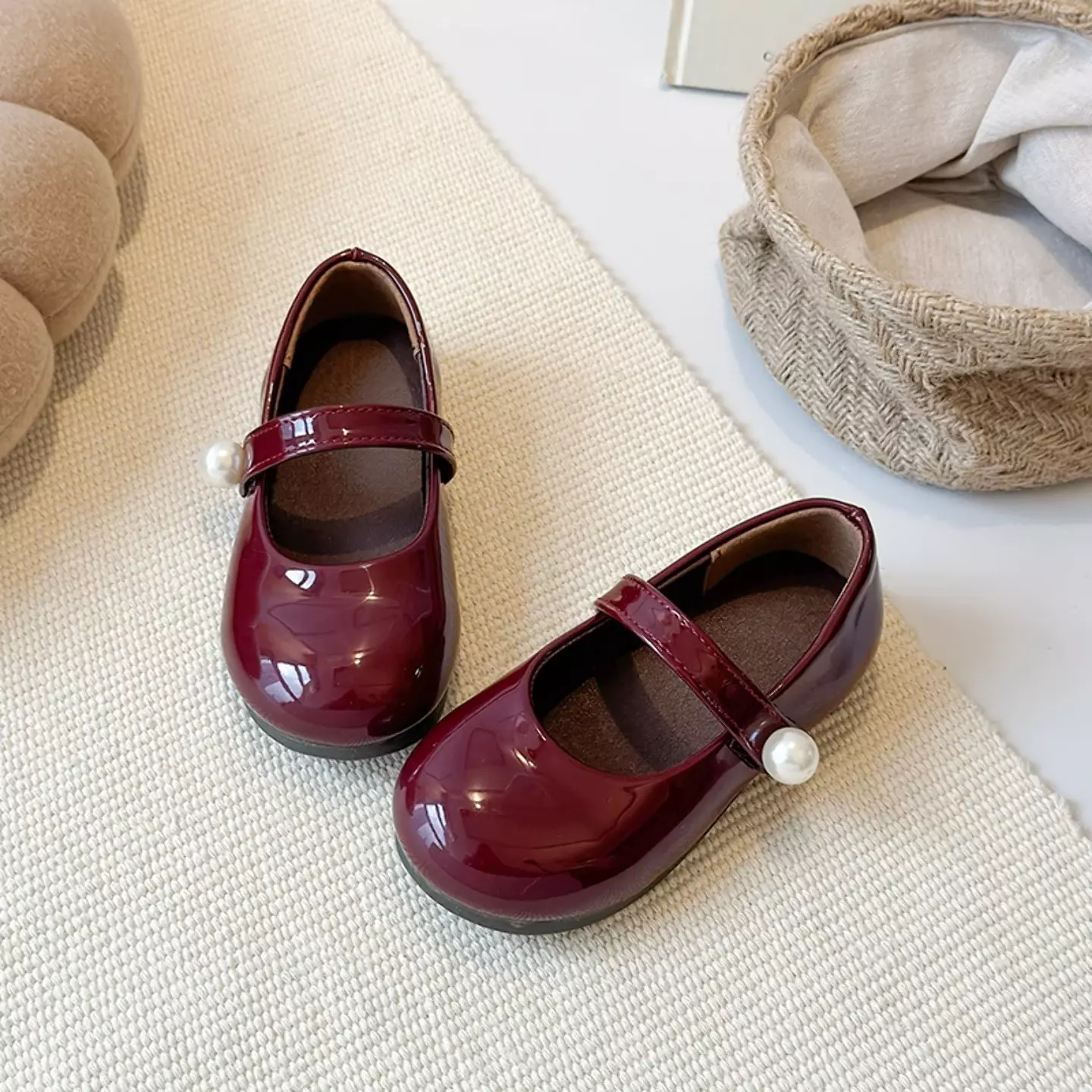 Young Girls & Girls Maroon Stitched Pearl Strap Glossy Dress Shoes | Lucys 12340