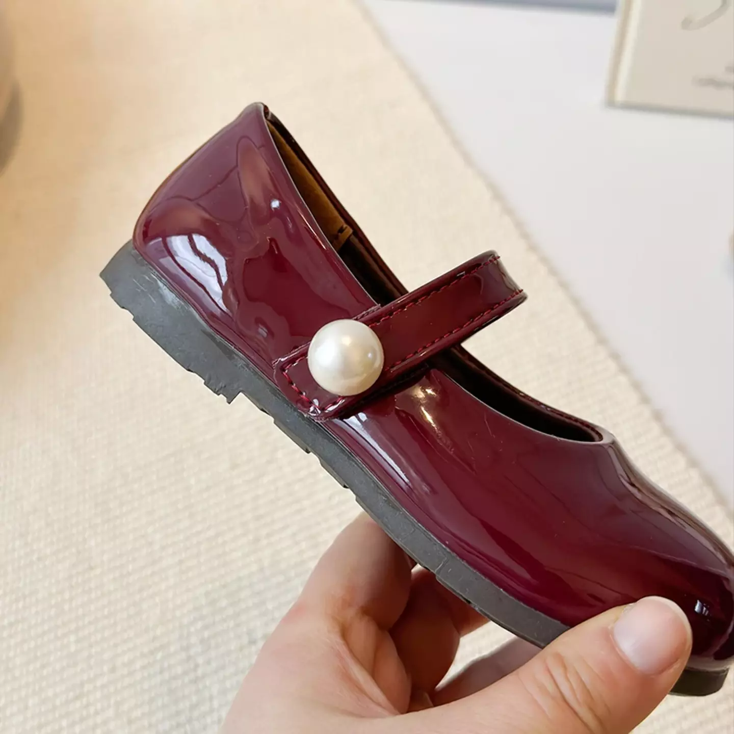 Young Girls & Girls Maroon Stitched Pearl Strap Glossy Dress Shoes | Lucys 12340