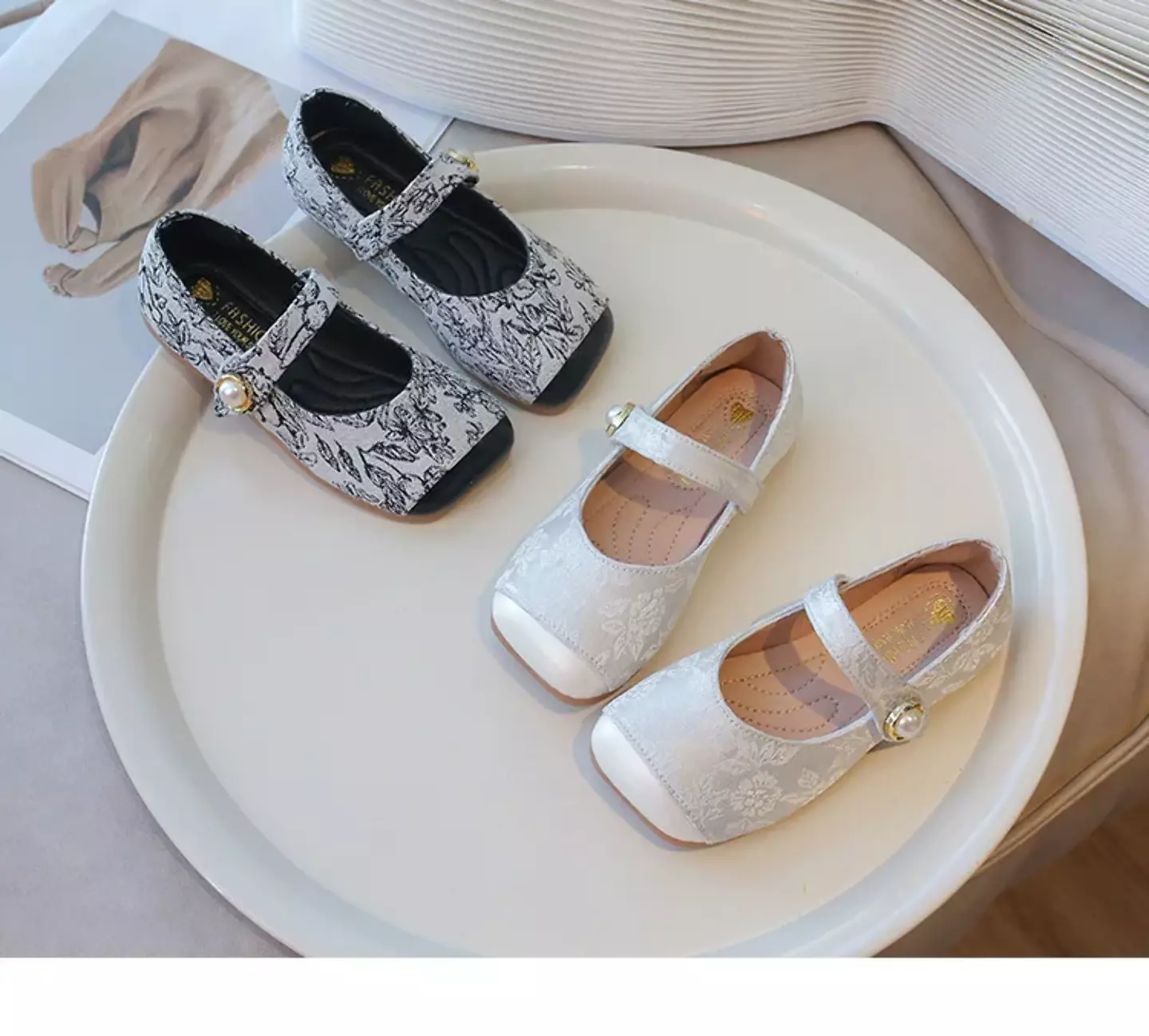 Young Girls & Girls Black Floral Scroll Pearl Strap Dress Shoes | Lucys 12349