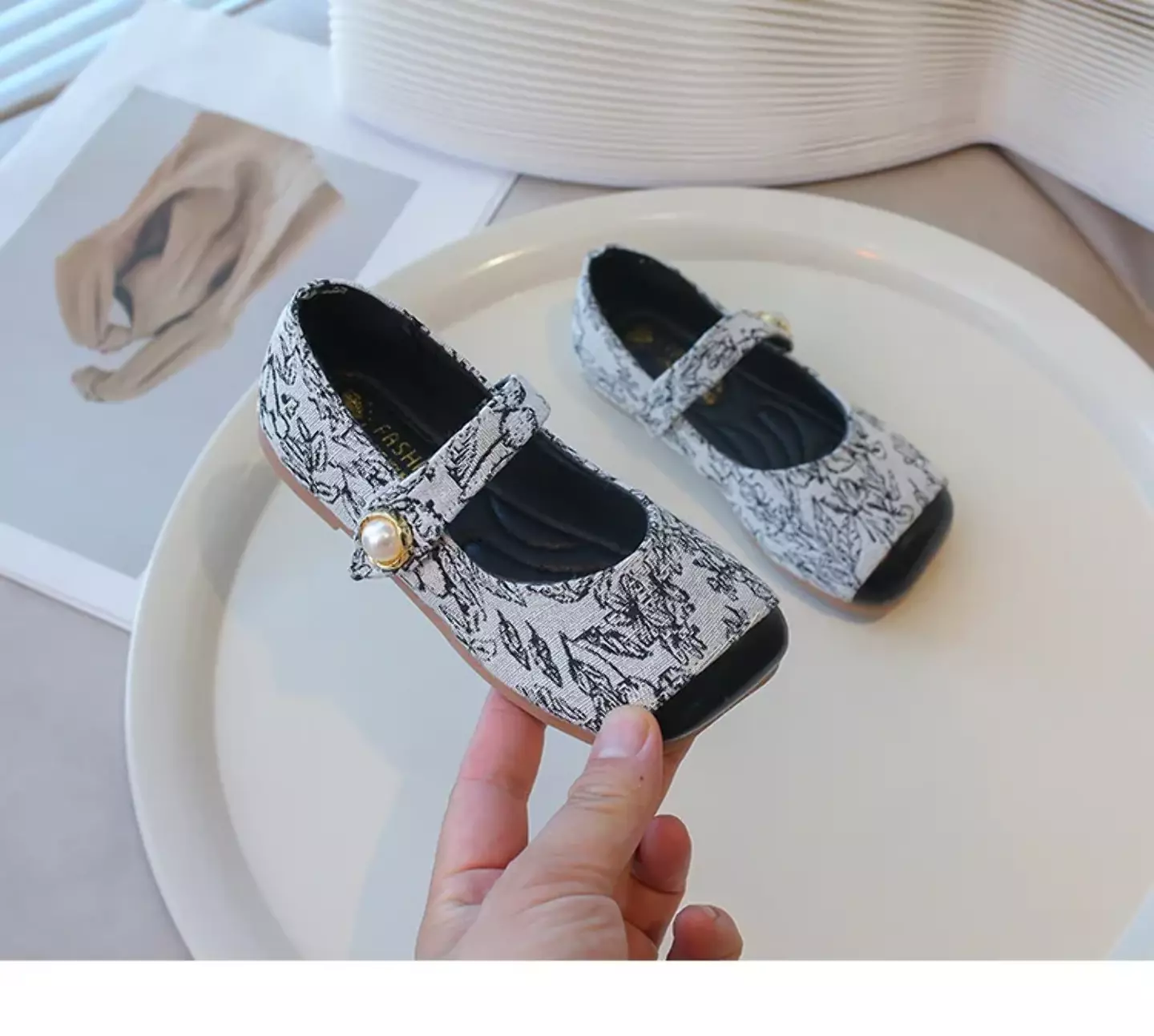 Young Girls & Girls Black Floral Scroll Pearl Strap Dress Shoes | Lucys 12349