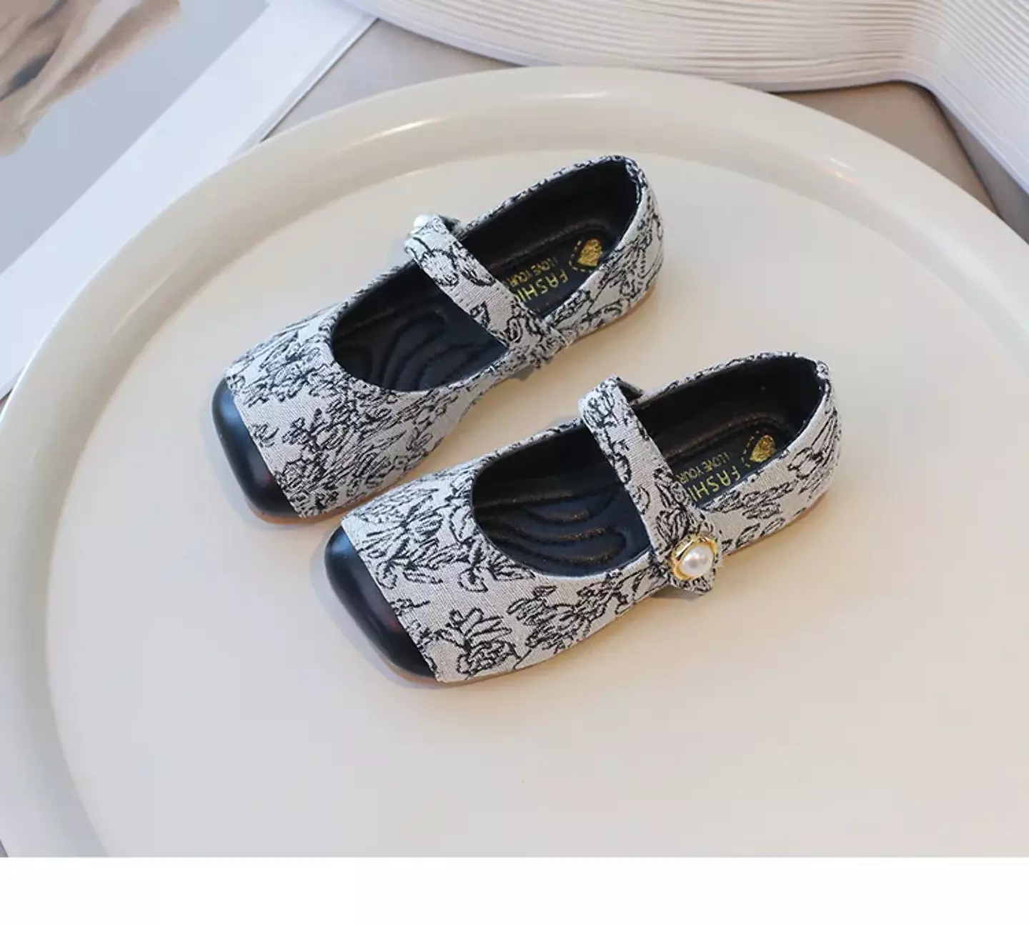 Young Girls & Girls Black Floral Scroll Pearl Strap Dress Shoes | Lucys 12349