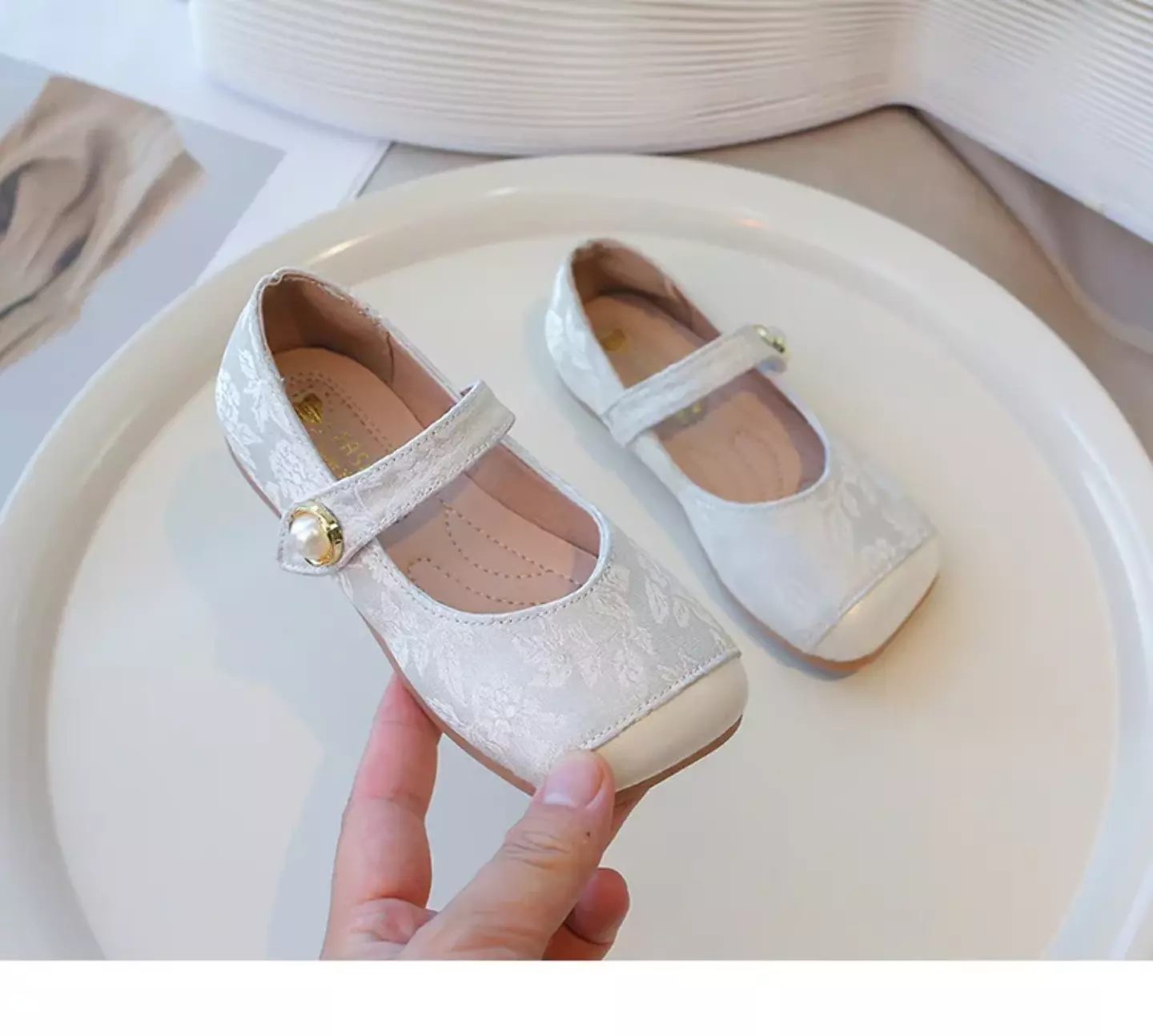Young Girls & Girls Ivory Floral Scroll Pearl Strap Dress Shoes | Lucys 12348