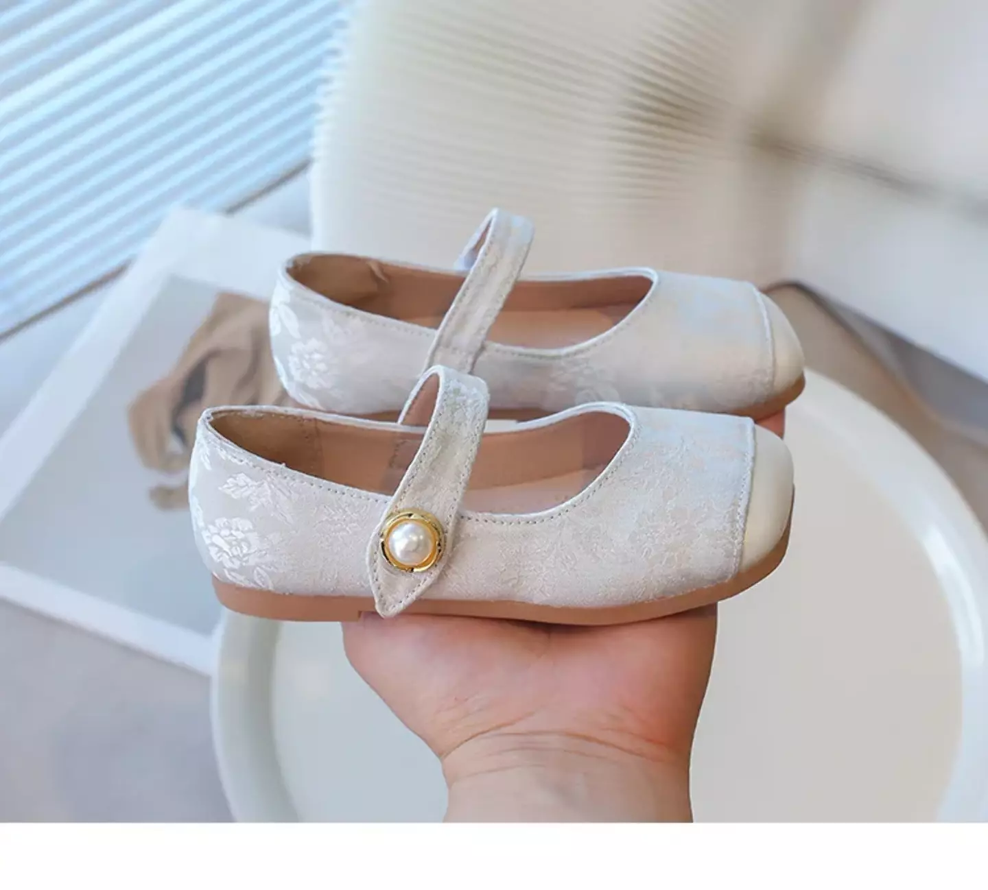 Young Girls & Girls Ivory Floral Scroll Pearl Strap Dress Shoes | Lucys 12348