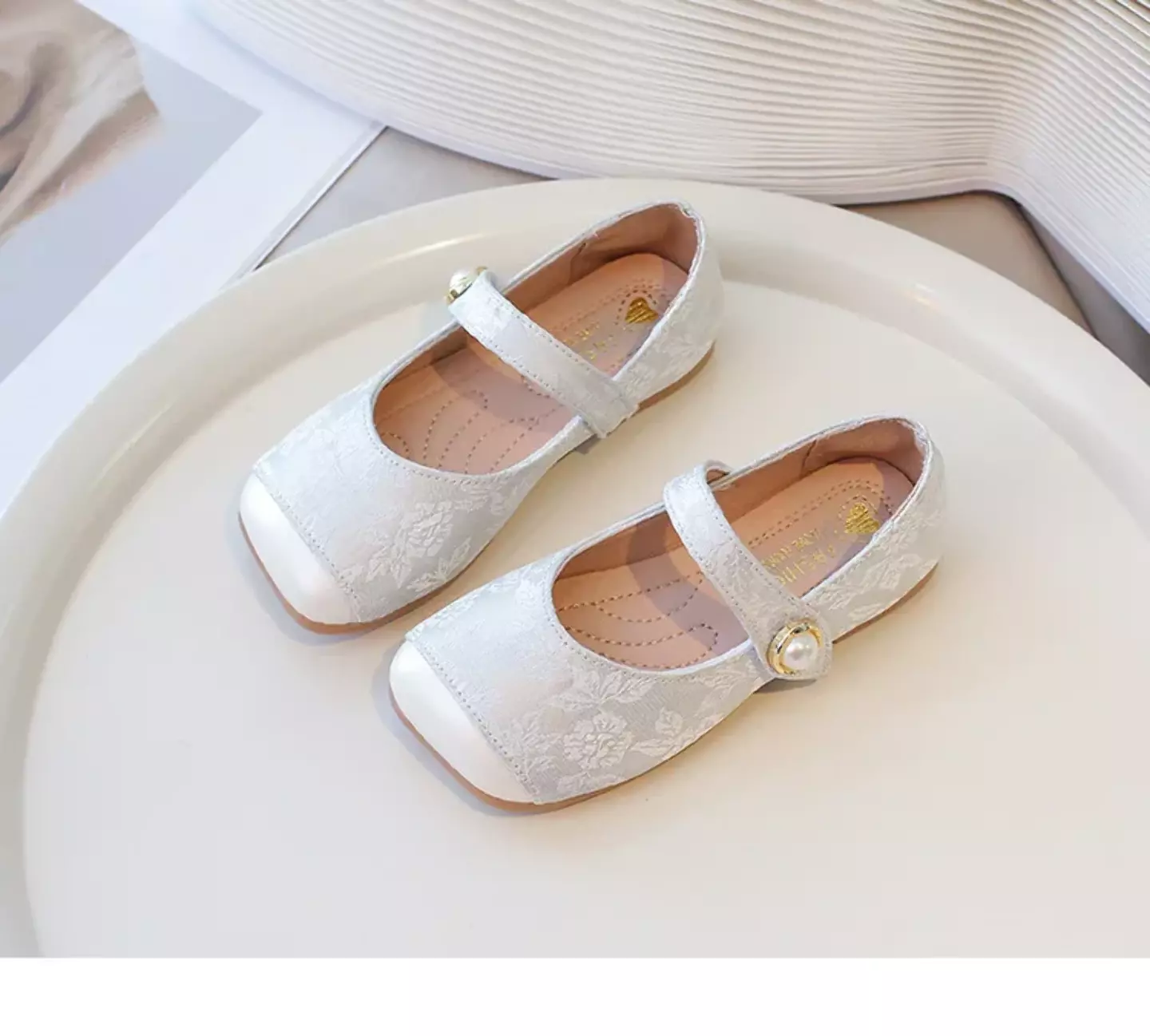Young Girls & Girls Ivory Floral Scroll Pearl Strap Dress Shoes | Lucys 12348