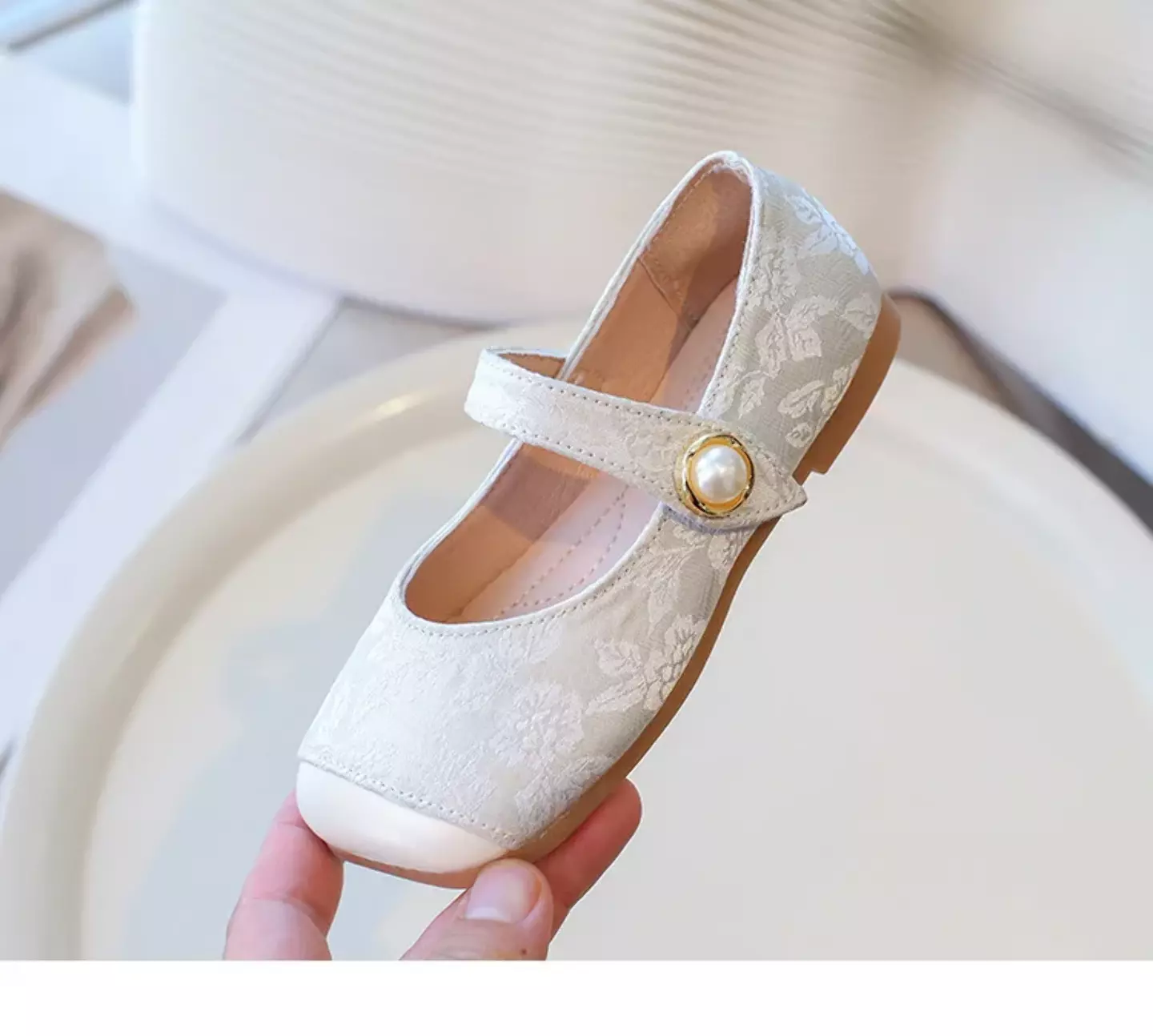 Young Girls & Girls Ivory Floral Scroll Pearl Strap Dress Shoes | Lucys 12348