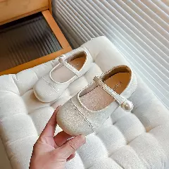 Young Girls & Girls Ivory Stitched Toe Panel Pearl Strap Flats | Lucys 12356