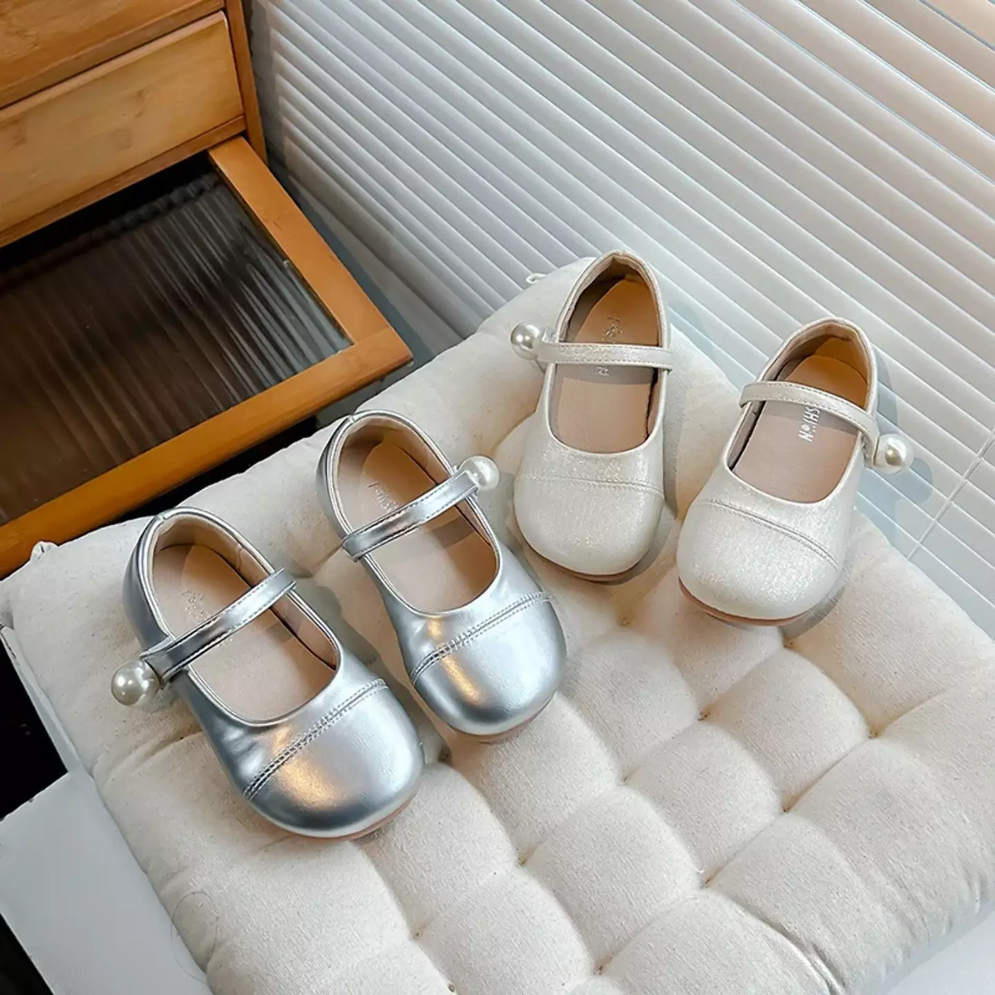 Young Girls & Girls Ivory Stitched Toe Panel Pearl Strap Flats | Lucys 12356