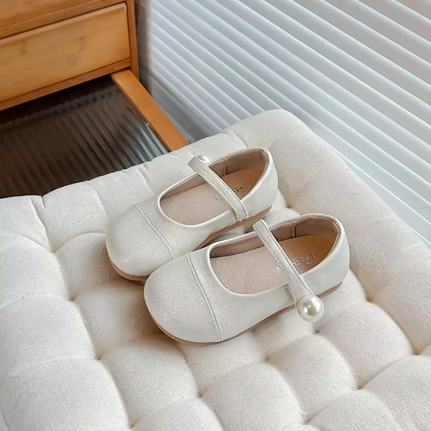 Young Girls & Girls Ivory Stitched Toe Panel Pearl Strap Flats | Lucys 12356