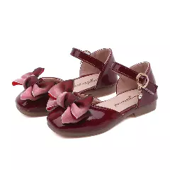 Toddler, Young Girls & Girls Maroon Slanted Fold Two Tone Bow Dress Shoes | Lucys 12380