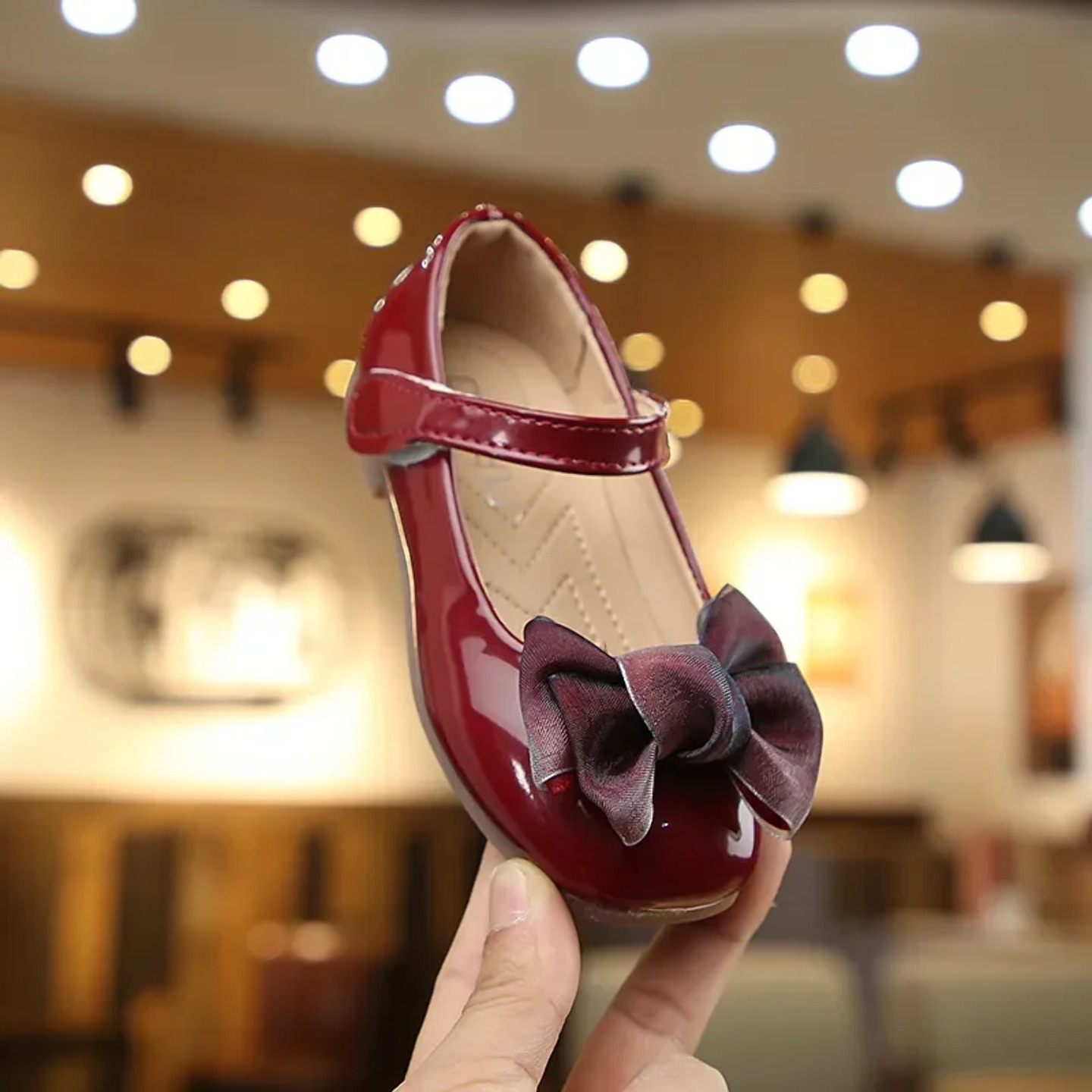 Young Girls & Girls Maroon Inset Loop Bow Tab Strap Dress Shoes | Lucys 12392