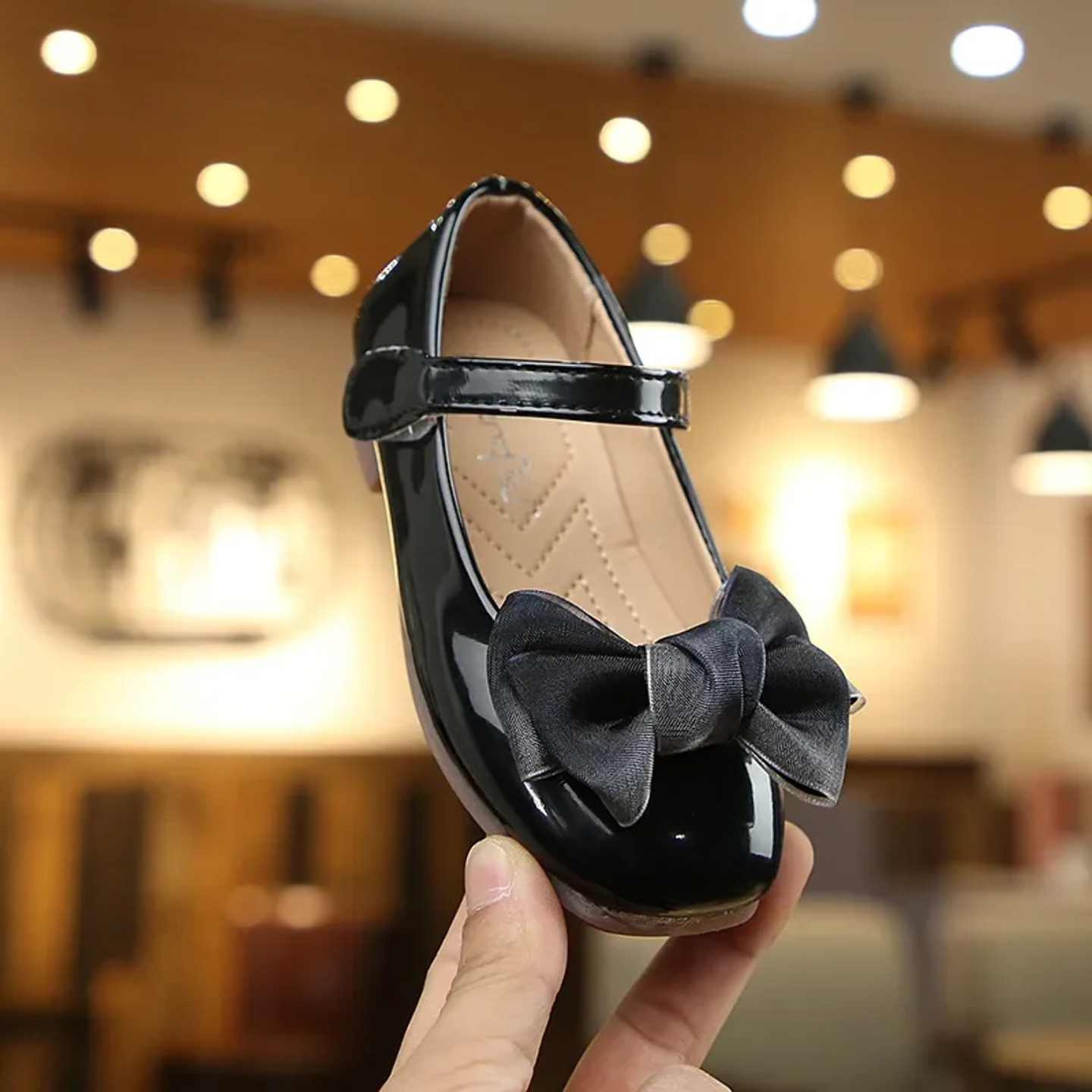 Young Girls & Girls Black Inset Loop Bow Tab Strap Dress Shoes | Lucys 12394