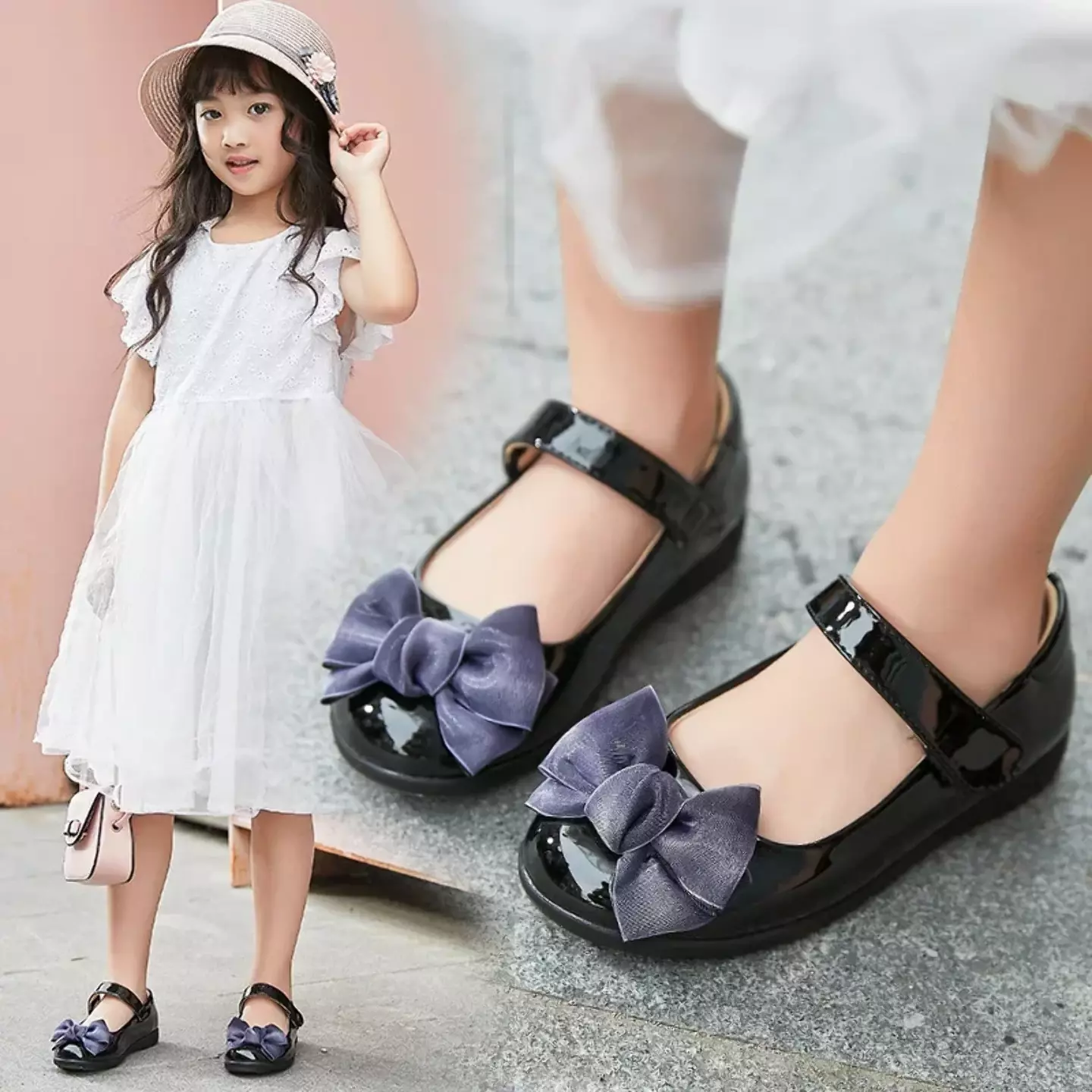 Young Girls & Girls Black Heart Edge Loop Bow Dress Shoes | Lucys 12405