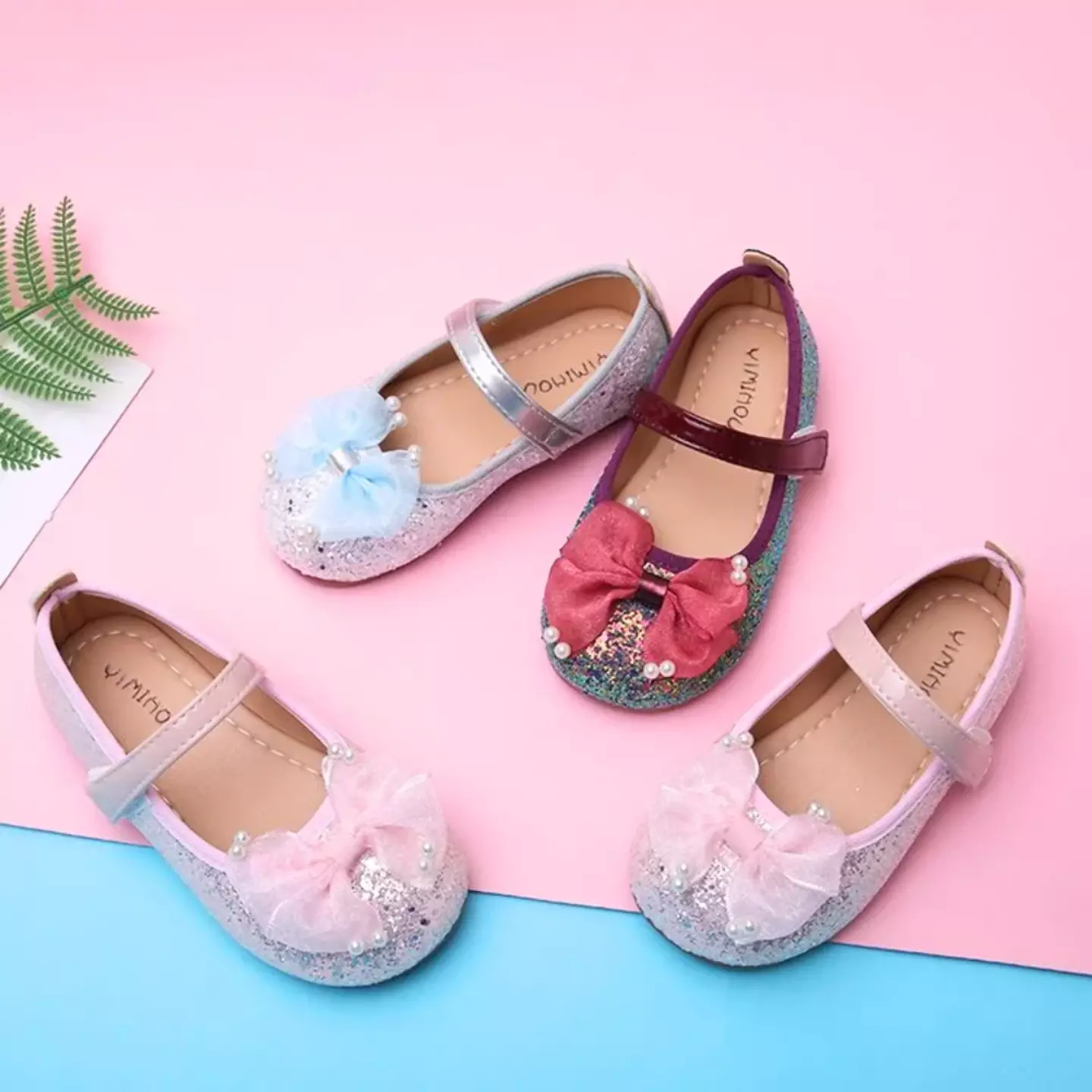 Young Girls & Girls Maroon Paired Pearl Tip Bow Glitter Dress Flats | Lucys 12412