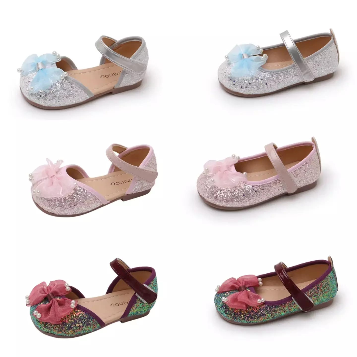 Young Girls & Girls Maroon Paired Pearl Tip Bow Glitter Dress Flats | Lucys 12412