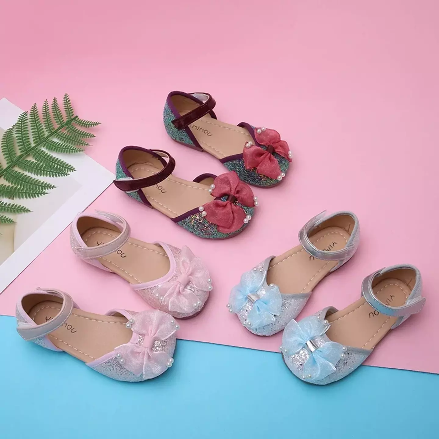 Young Girls & Girls Maroon Paired Pearl Tip Bow Glitter Dress Flats | Lucys 12412