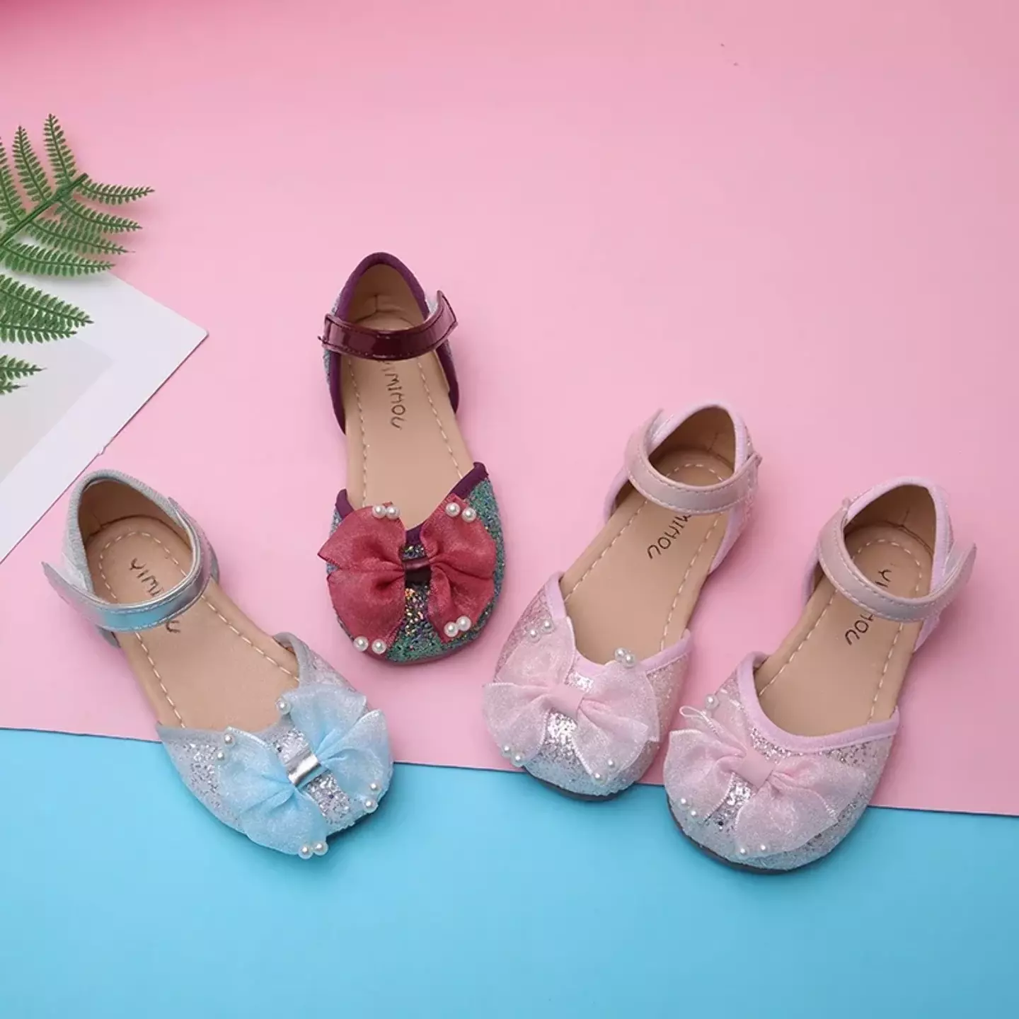 Young Girls & Girls Maroon Paired Pearl Tip Bow Glitter Dress Flats | Lucys 12412