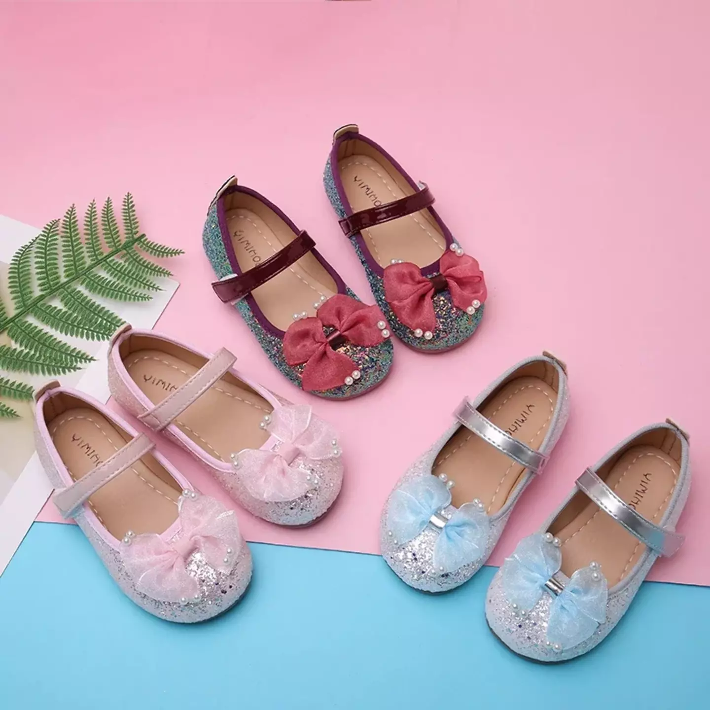 Young Girls & Girls Maroon Paired Pearl Tip Bow Glitter Dress Flats | Lucys 12412
