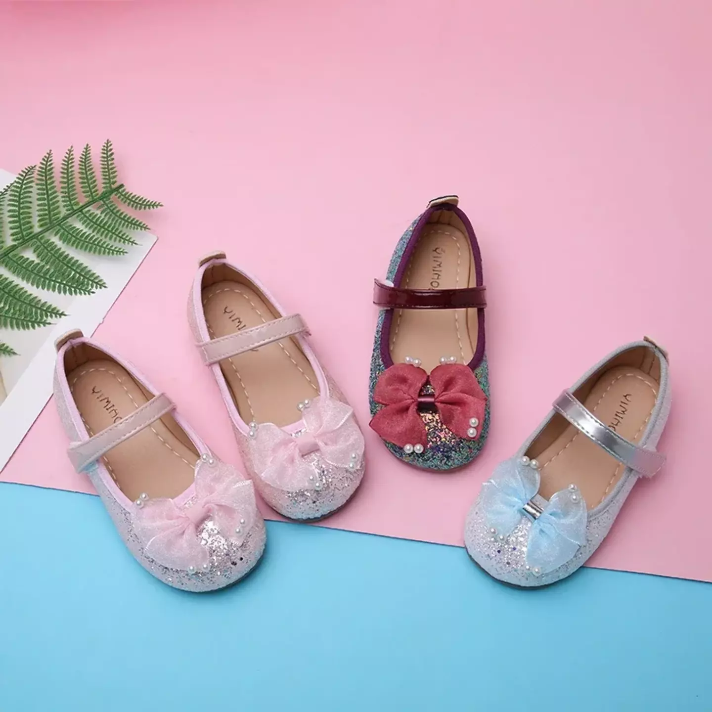 Young Girls & Girls Maroon Paired Pearl Tip Bow Glitter Dress Flats | Lucys 12412