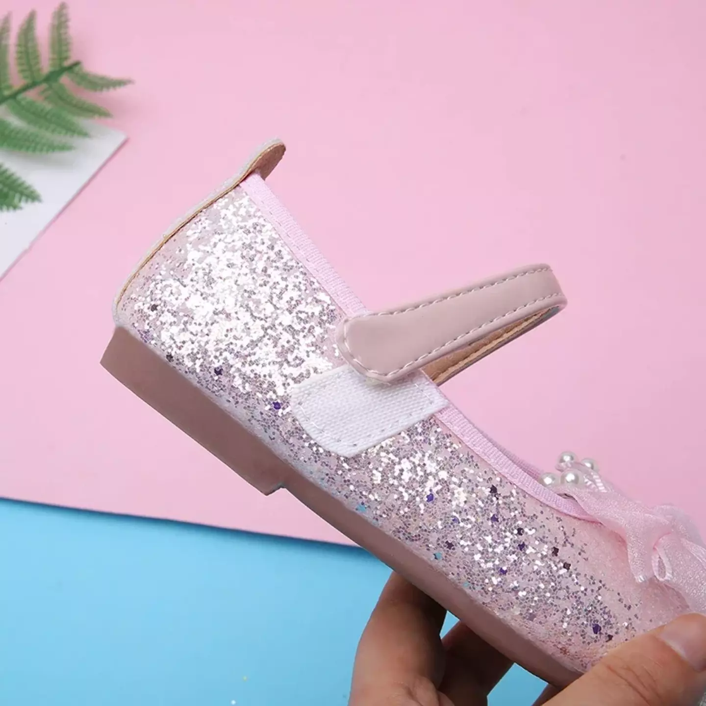 Young Girls & Girls Pink Paired Pearl Tip Bow Glitter Dress Flats | Lucys 12414