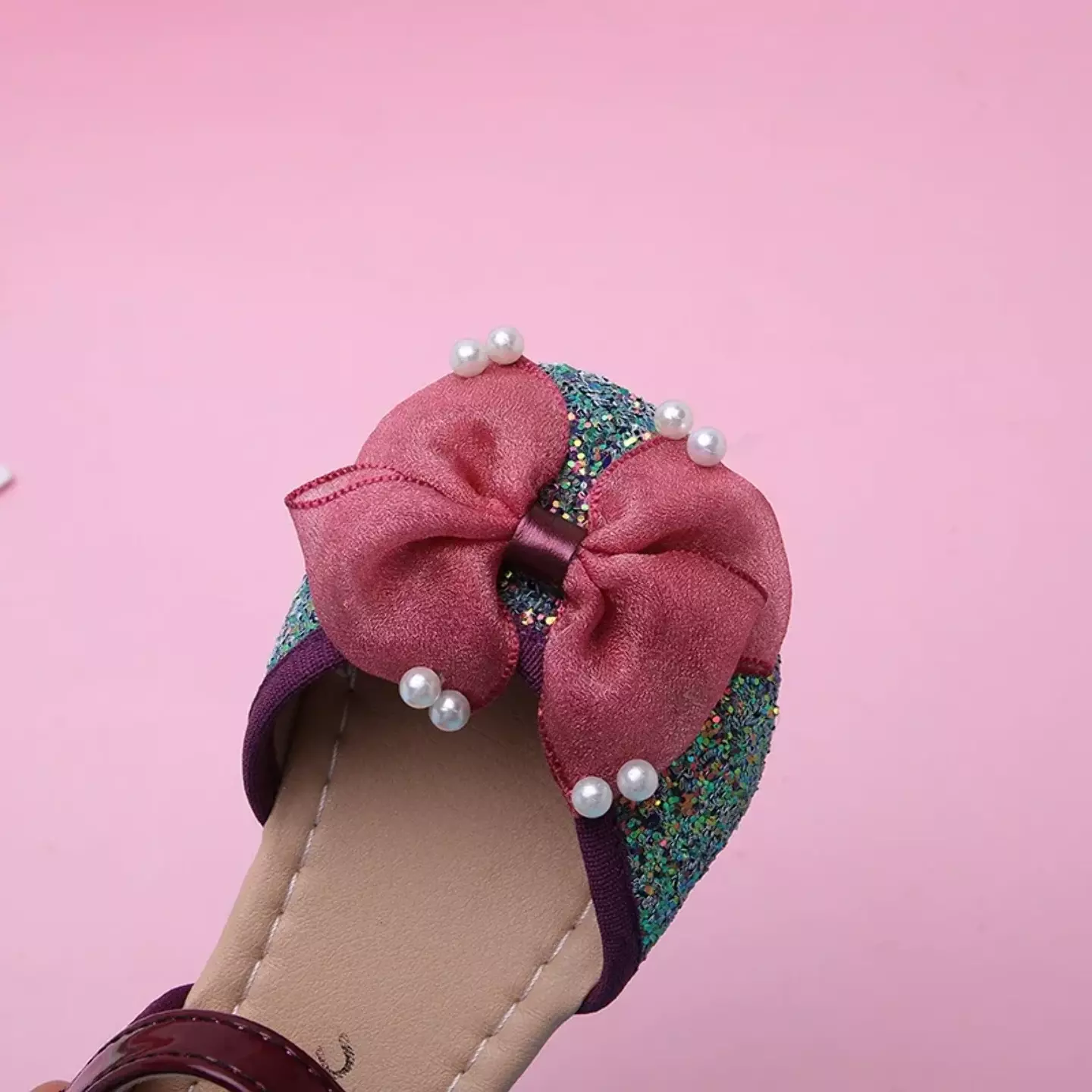 Young Girls & Girls Maroon Split Side Pearl Bow Mary Jane Flats | Lucys 12424