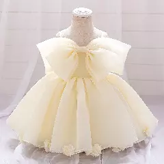 Samantha II Champagne Organza Bow Baby Party Dress with Flower Hem