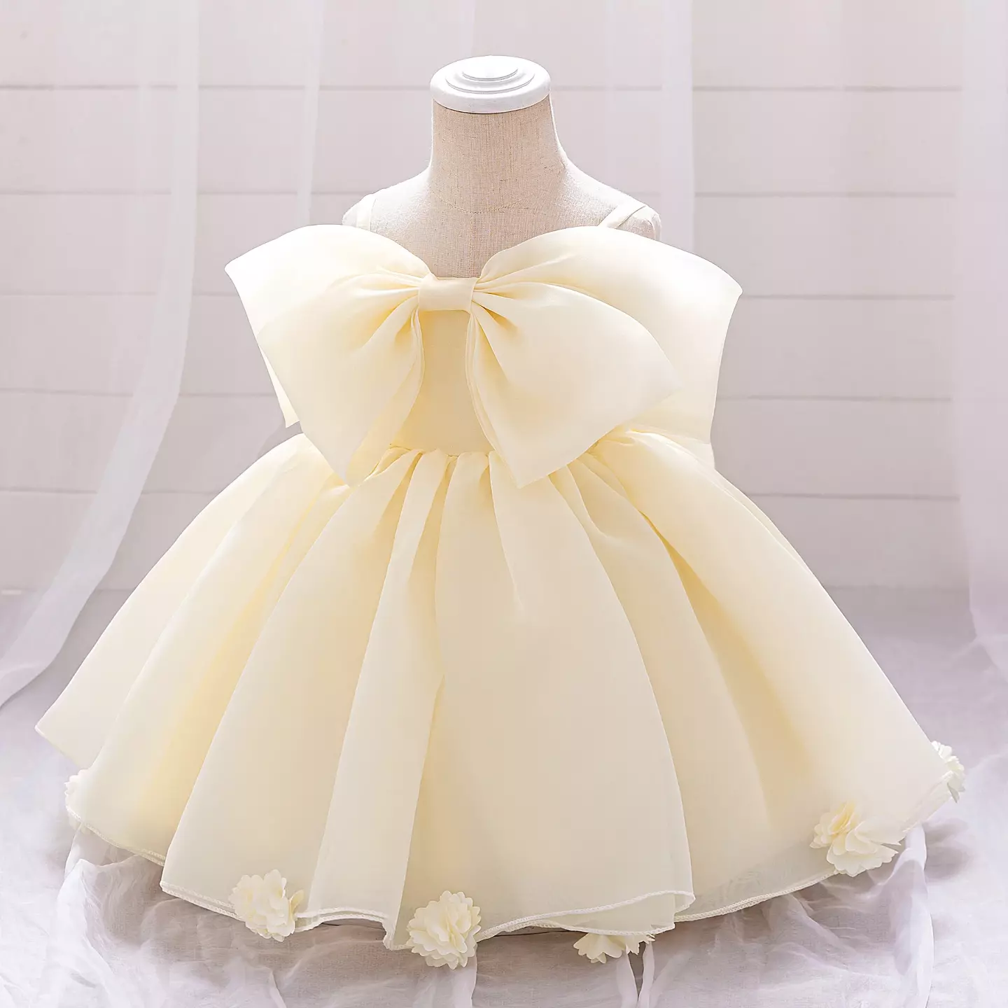 Samantha II Champagne Organza Bow Baby Party Dress with Flower Hem