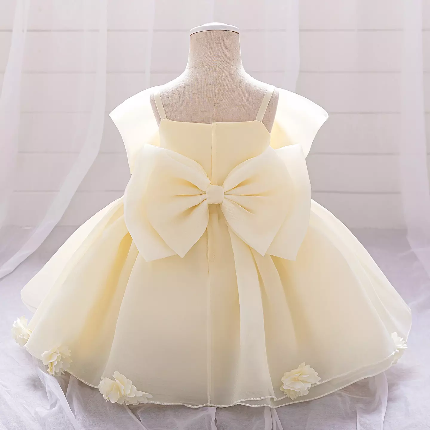 Samantha II Champagne Organza Bow Baby Party Dress with Flower Hem