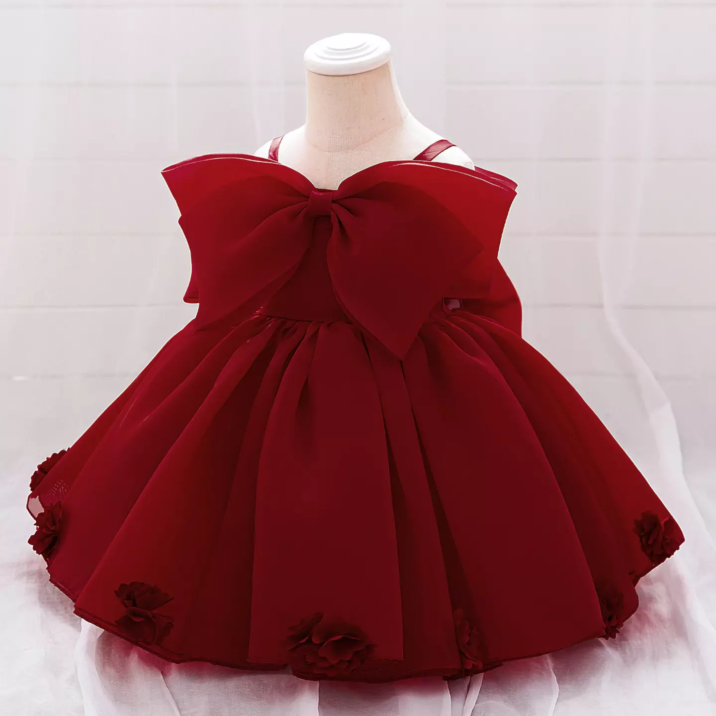 Samantha II Maroon Organza Bow Baby Party Dress with Flower Hem