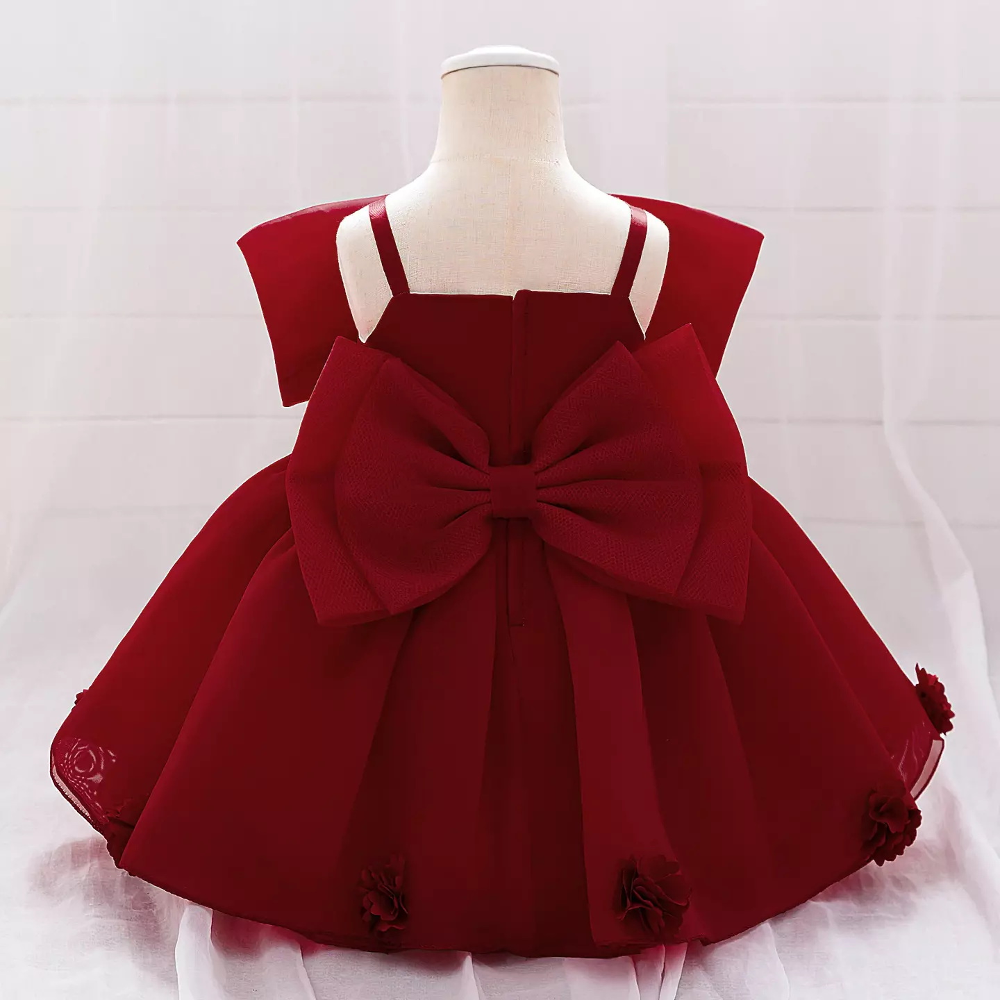 Samantha II Maroon Organza Bow Baby Party Dress with Flower Hem