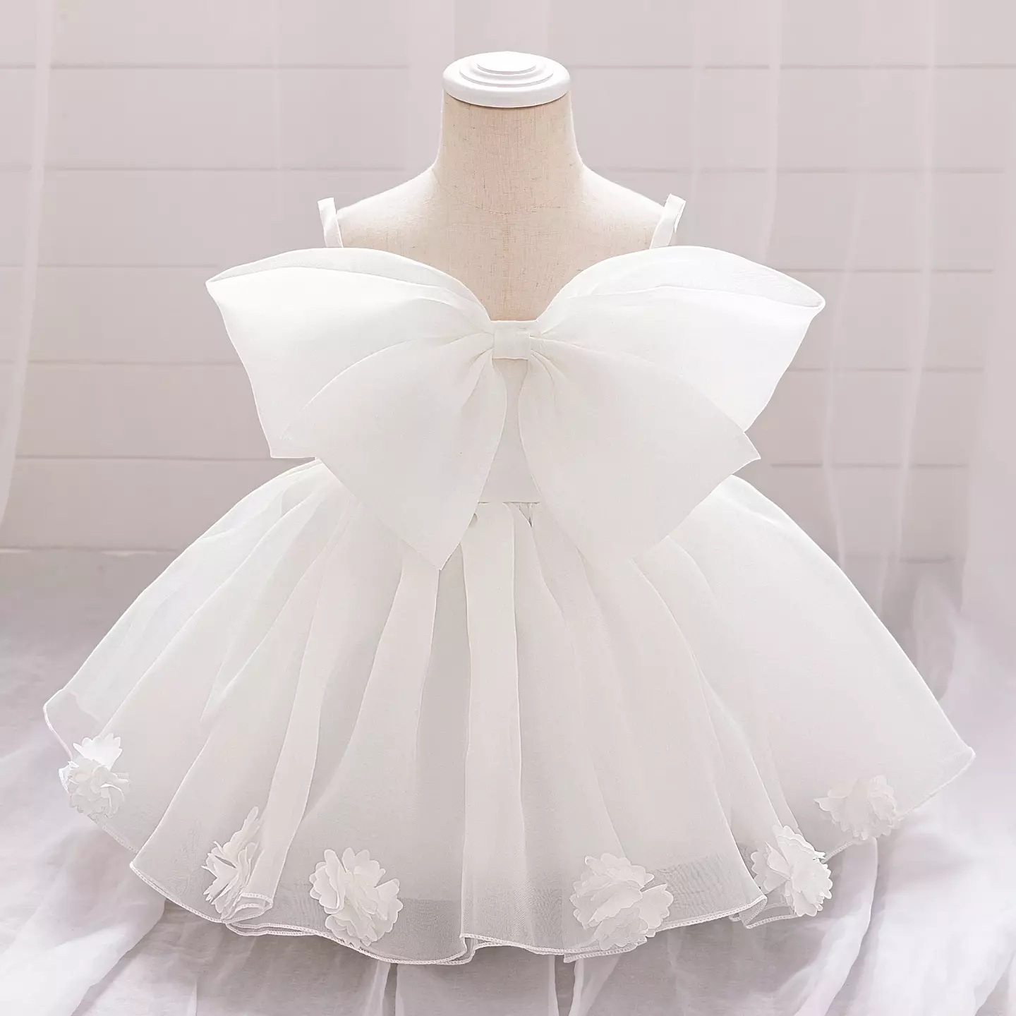 Samantha II White Organza Bow Baby Christening & Party Dress