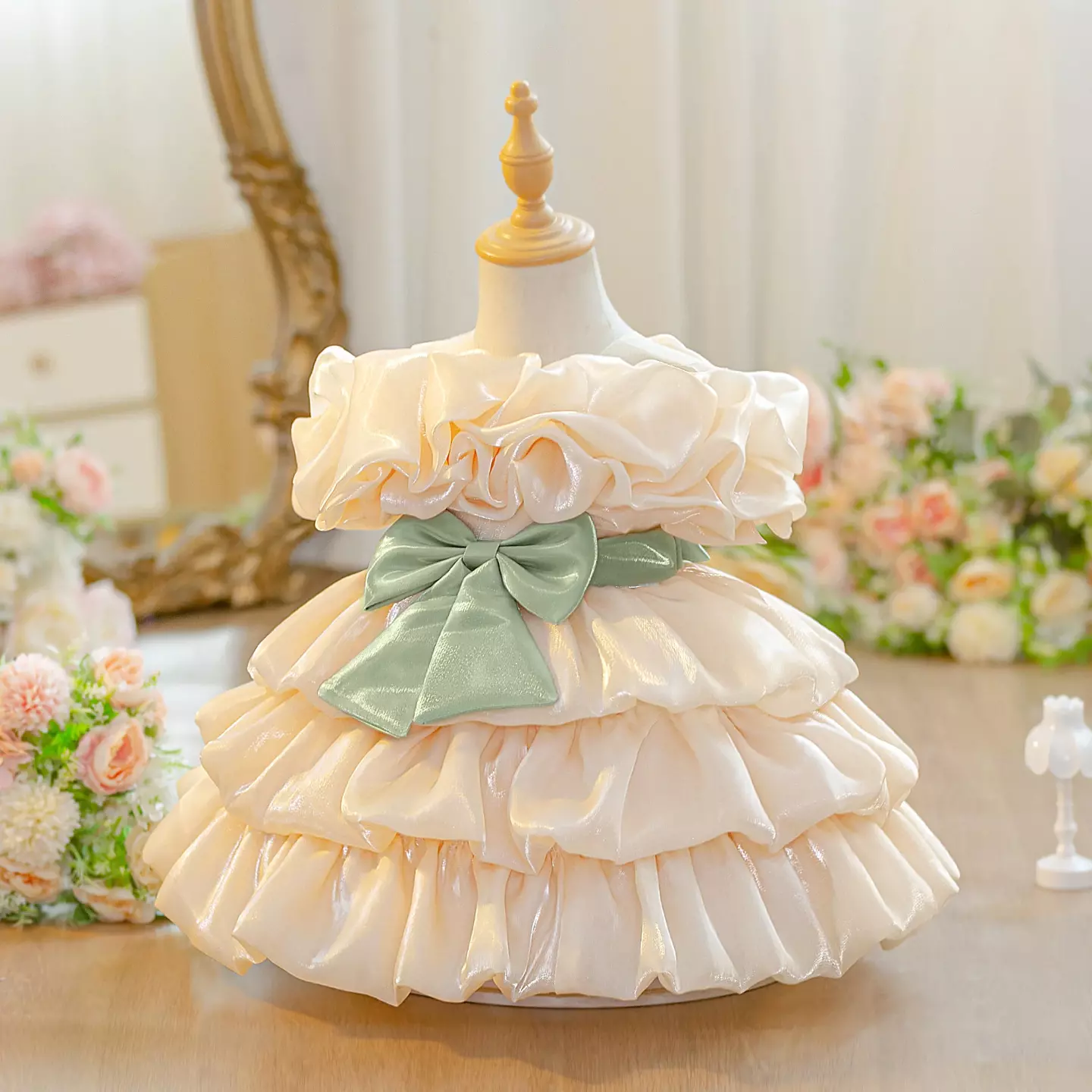 Sophie V Champagne Tiered Satin Baby Party Dress with Sage Bow