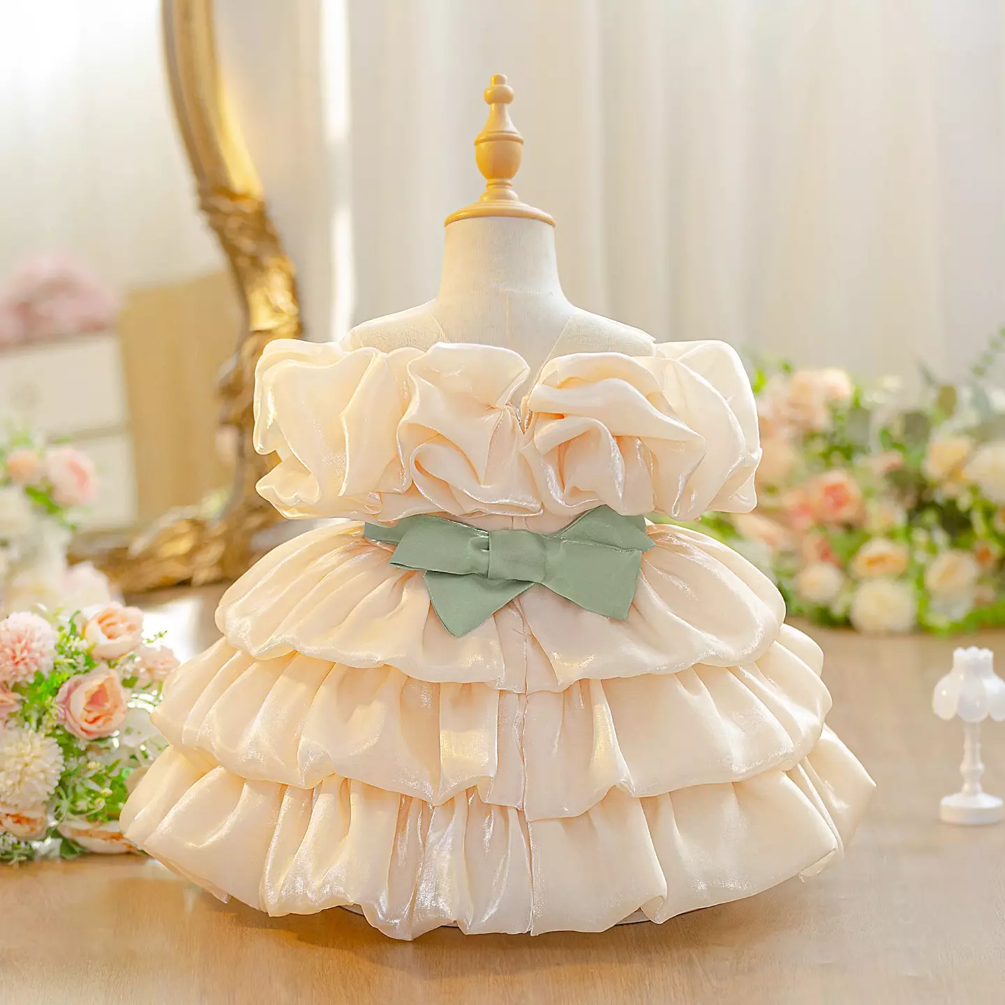 Sophie V Champagne Tiered Satin Baby Party Dress with Sage Bow