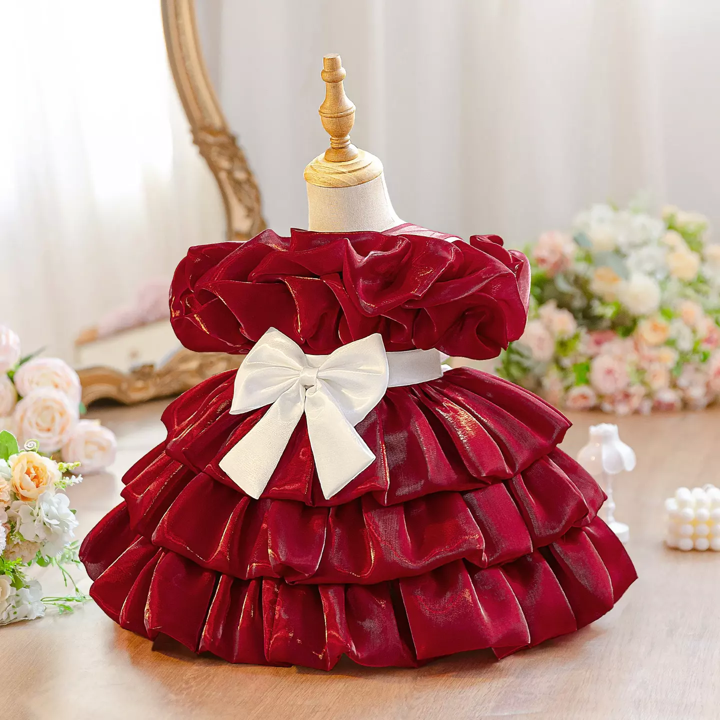 Sophie V Maroon Tiered Baby Party Dress with Ivory Satin Bow