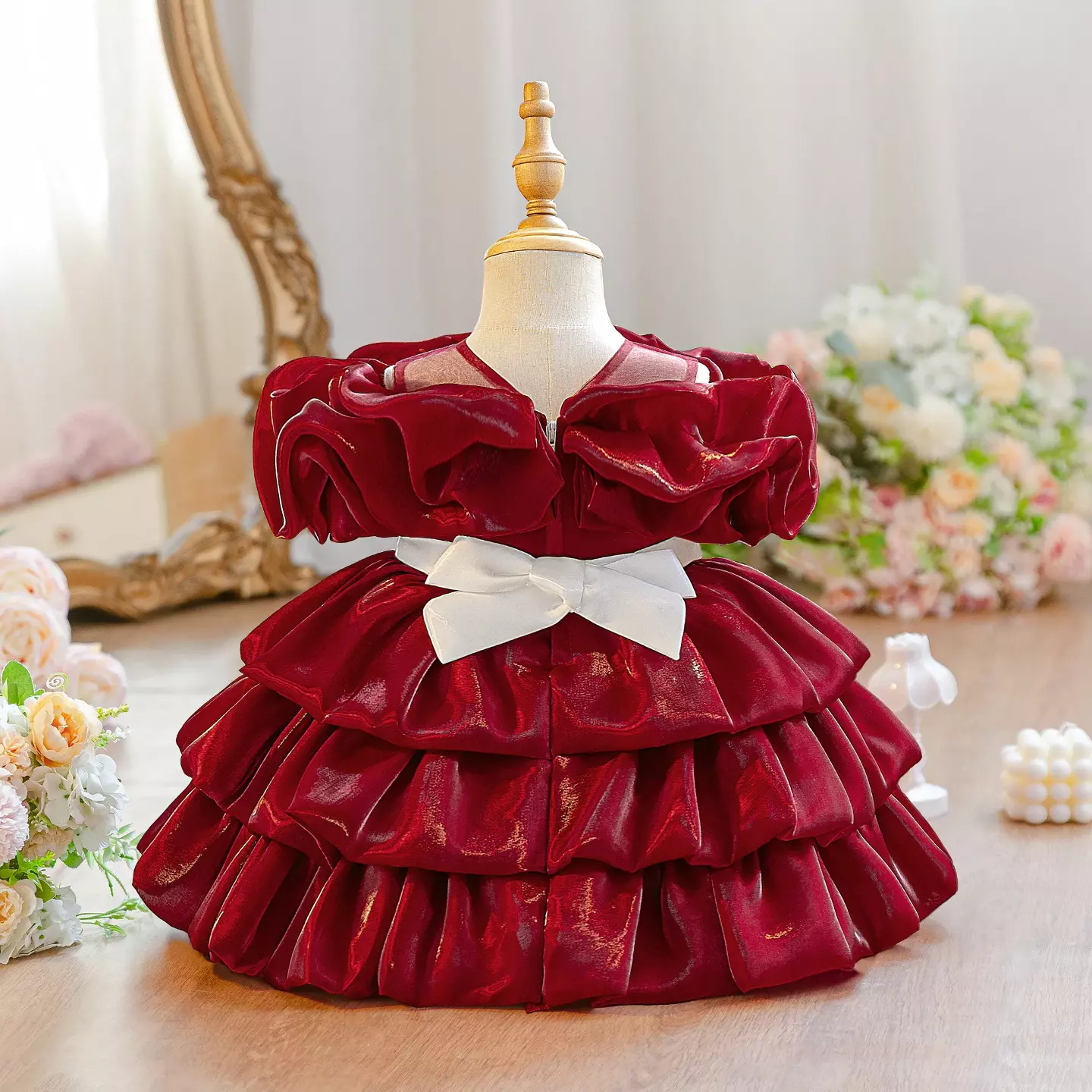 Sophie V Maroon Tiered Baby Party Dress with Ivory Satin Bow