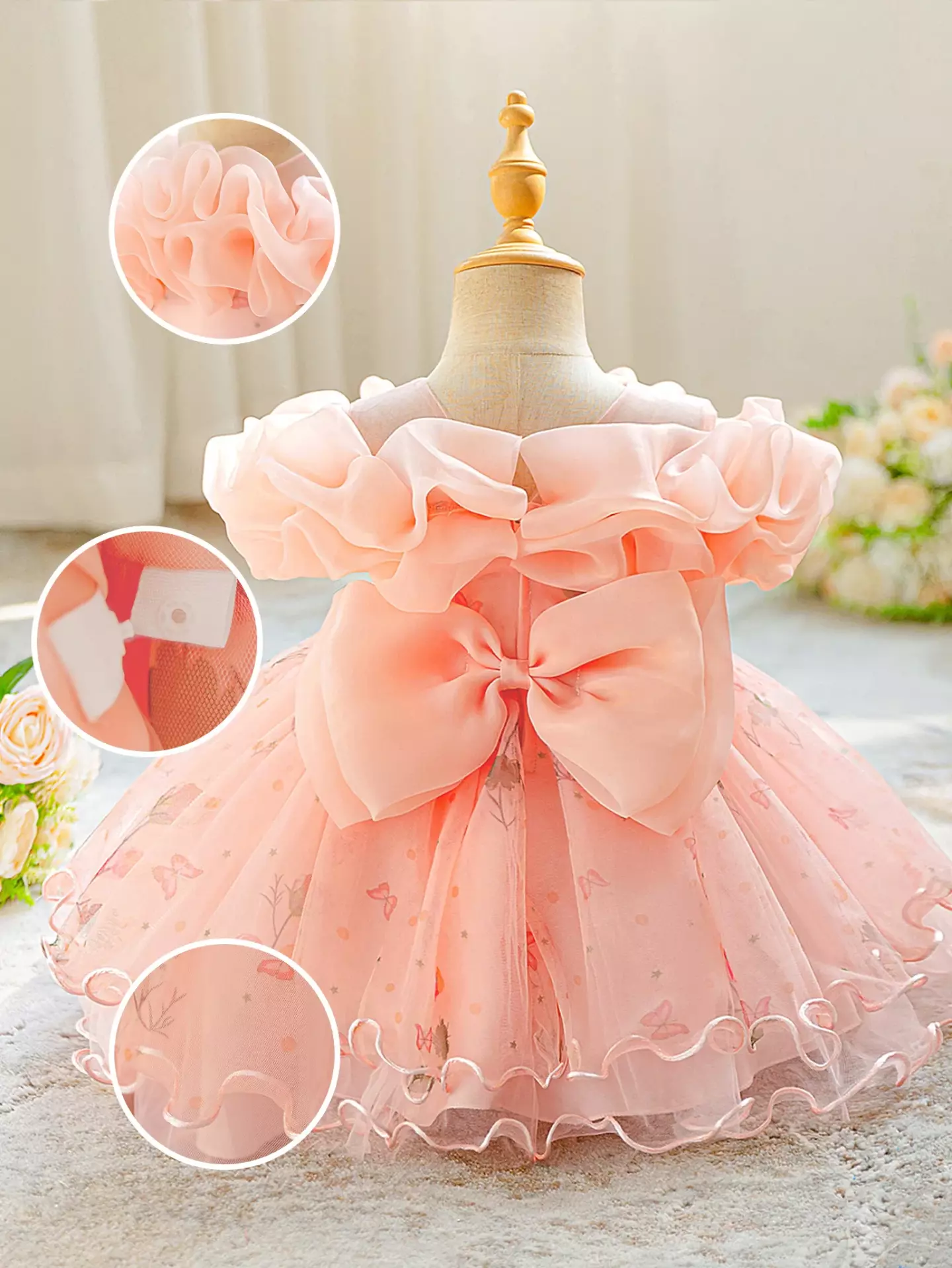 Sophie IV Peach Pink Butterfly Tulle Baby Party Dress with Ruffle Collar