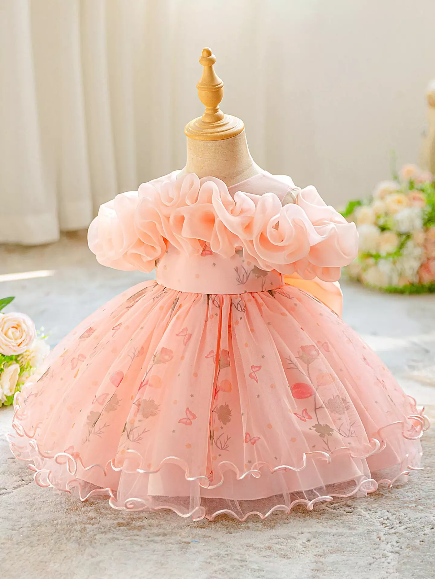 Sophie IV Peach Pink Butterfly Tulle Baby Party Dress with Ruffle Collar