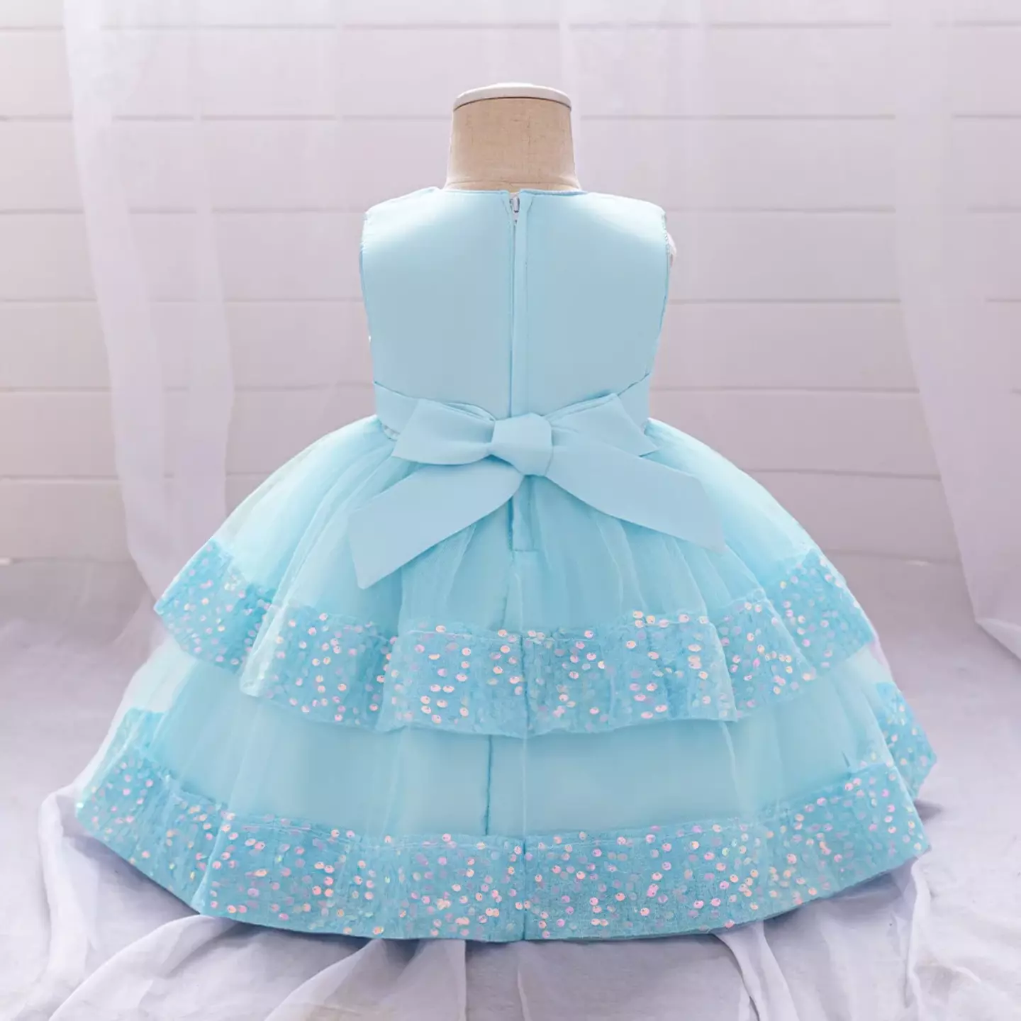 Lindsey Light Blue Sequin Bow Tiered Tulle Baby Girls Dress | Lucys